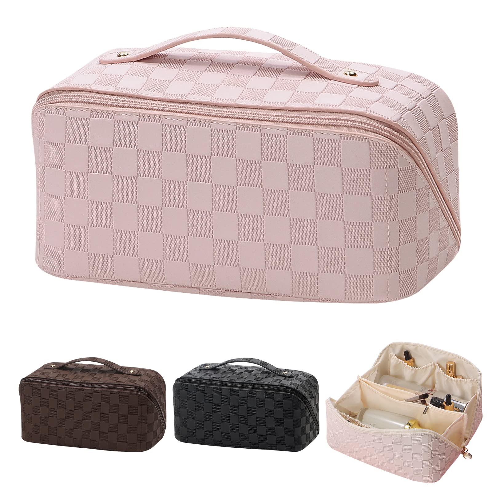 Beauty Case Donna, Pu Borsa Pochette Donna Trucchi Con Divisorio E Maniglia Per Il Trasporto Trousse Trucchi Impermeabile Beauty Case Grande Capacità Beauty Case Portatile Pochette Trucchi, Rosa