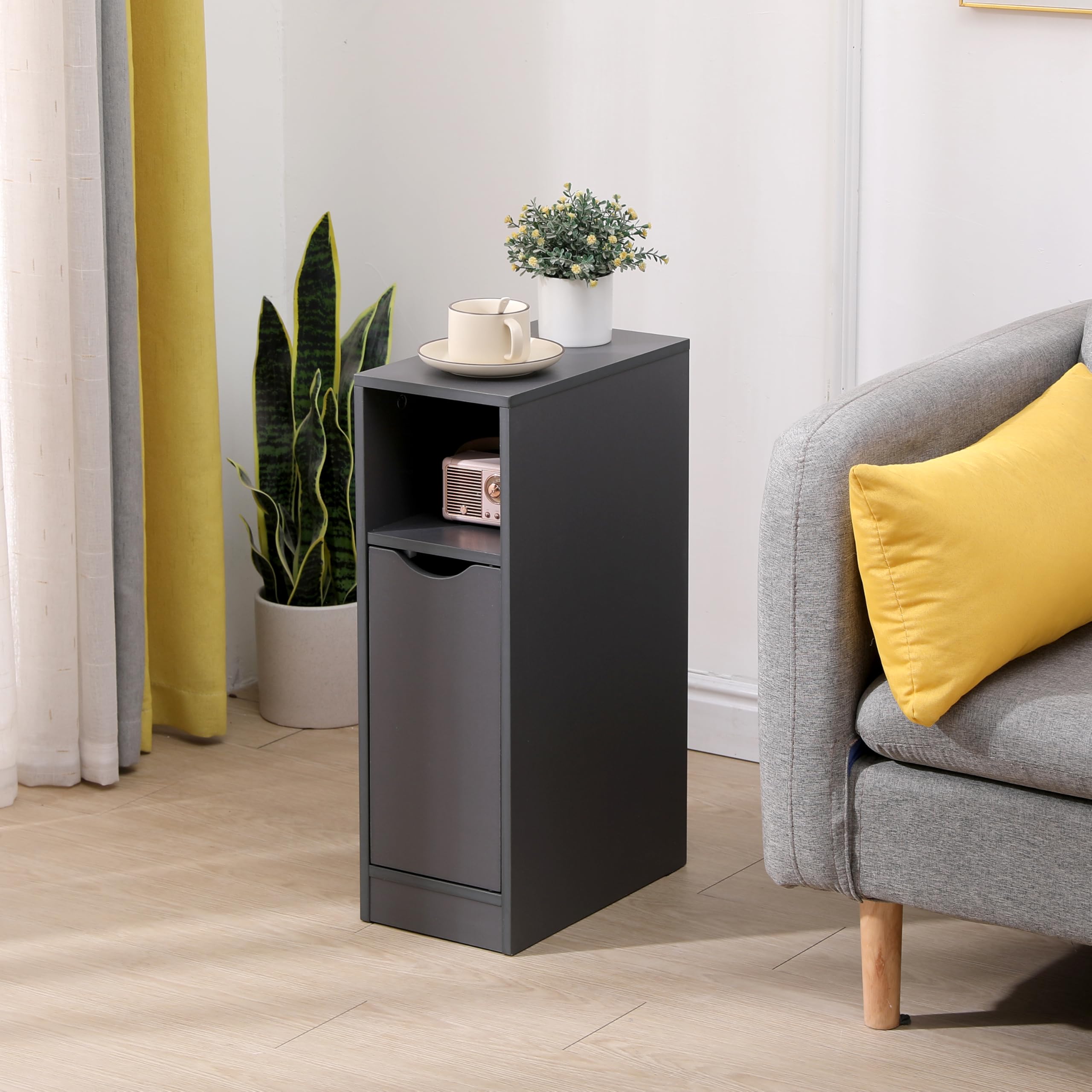 Menaka 20CM Narrow Bedside Table Cabinet with Charging Station, Slim Side Table Bed Side Nightstand with USB Ports & Power Sockets for Bedroom Living Room (grey matte door, no charging) โ image 1