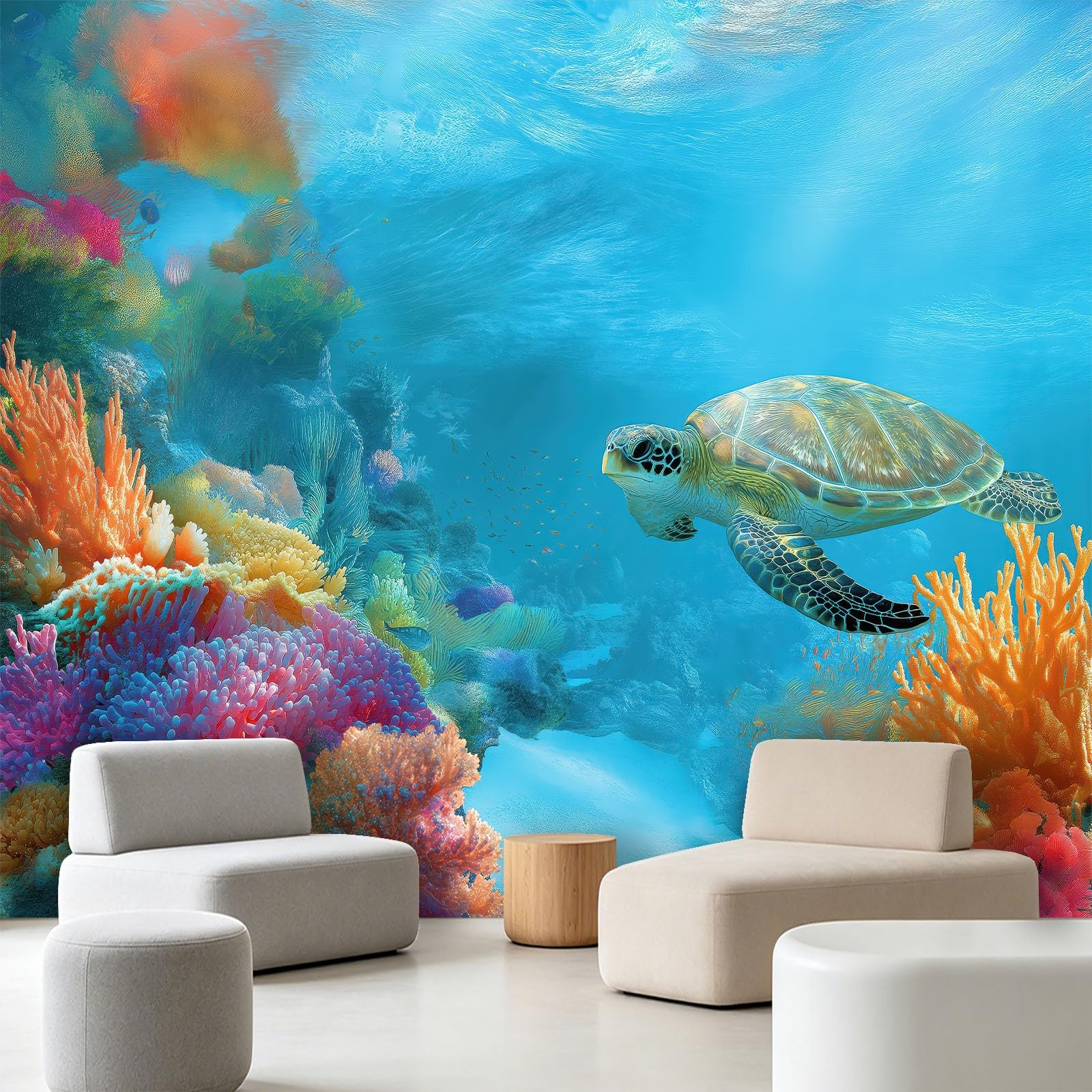 Panoramiczna tapeta 3D fantazyjne stworzenia ozean plakat ścienny, zwierzęta żółw morze rafa koralowa ławka ryba tapeta z włókniny do salonu pokoju dziecięcego i biura Sofa tło telewizora 350 x 256 cm