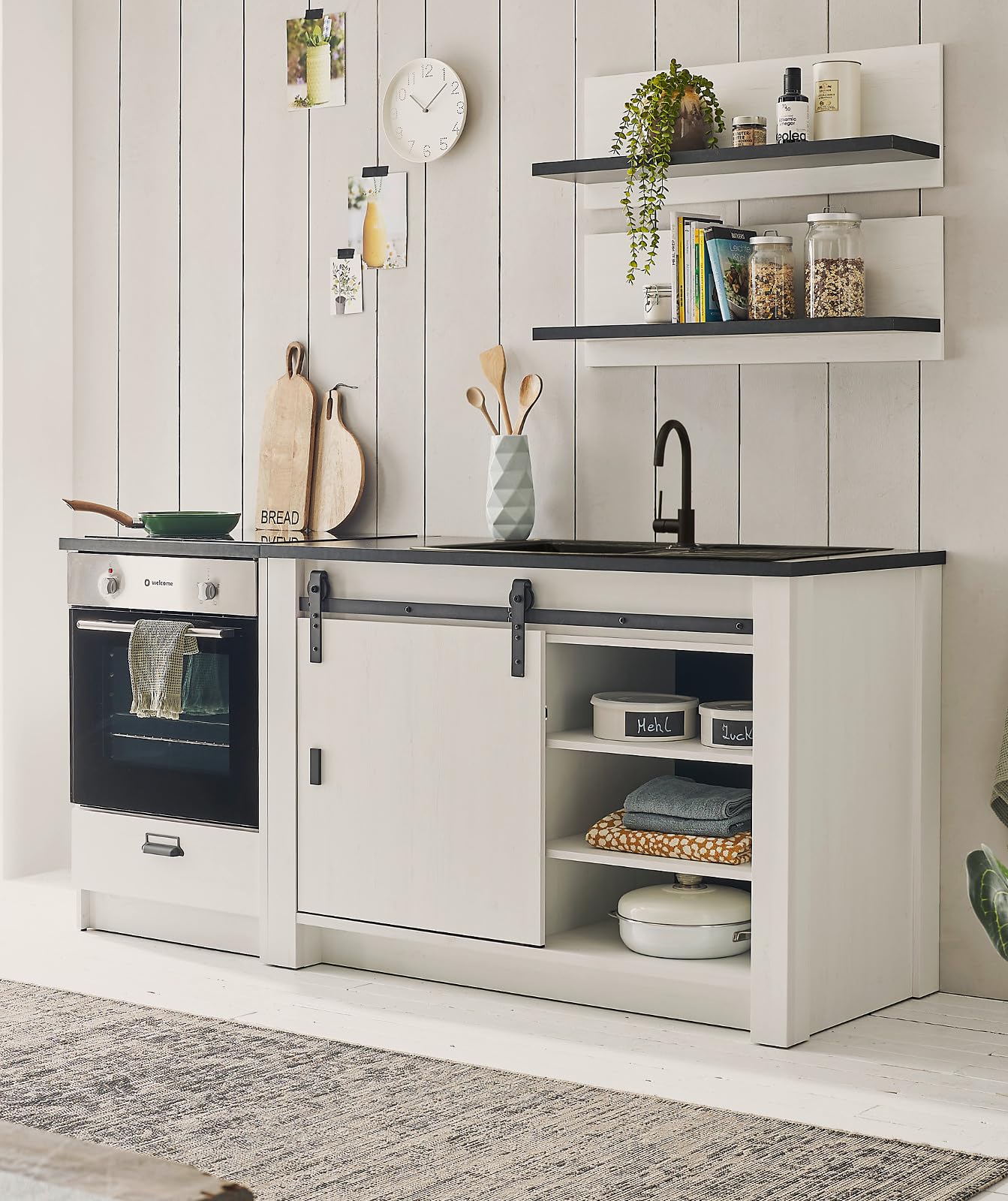 Küche Küchenzeile weiß Pinie und grau/anthrazit 200 cm Küchenschrank Set 4-teilig Singleküche Stove (Set 1)