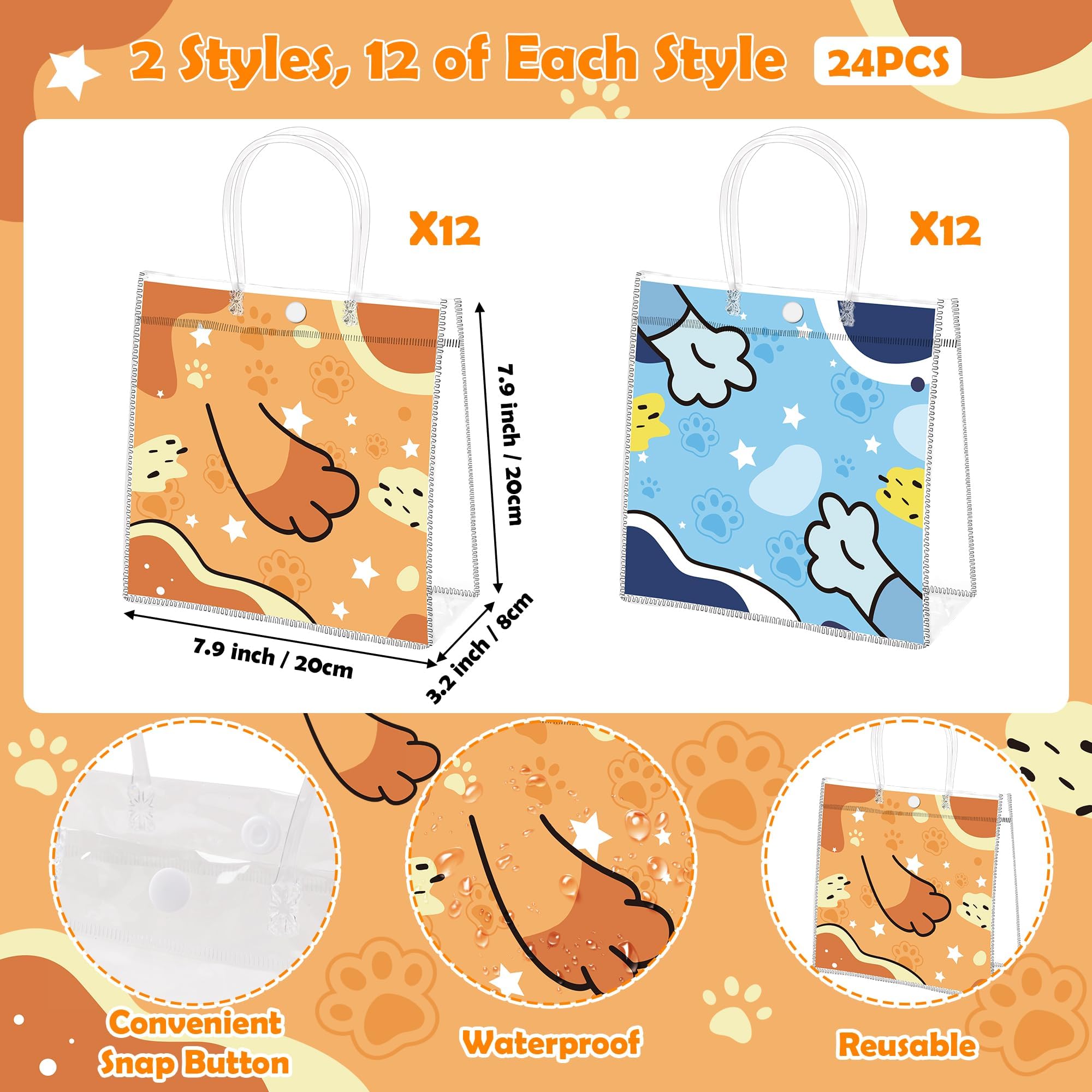Wood Homing 24PCS Blue Dog Paw PVC Clear Gift Bag with Handle, Blue Cartoon Dog Reusable Plastic Party Favor Bags for Kids, Puppy Pet Themed Treat Goodie Bags Baby Shower Birthday Party Supplies Decor
