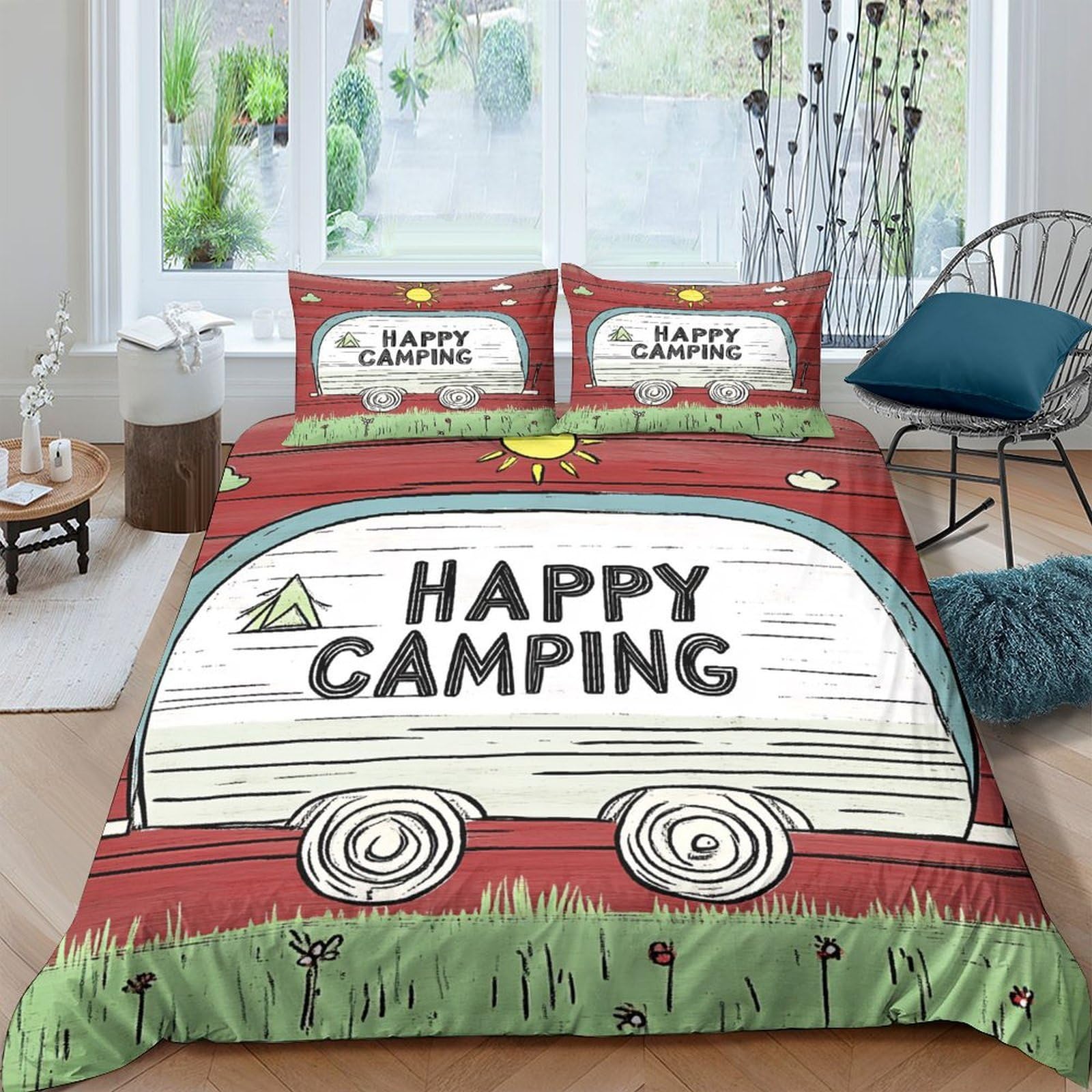 Ctjqhvkz Style-8 3D Printed Camping Caravan Fitted Sheet Microfiber Anti-Slip Happy Camping Mattress Cover For Bedroom Guest Room Home Decor Single（135X200cm）
