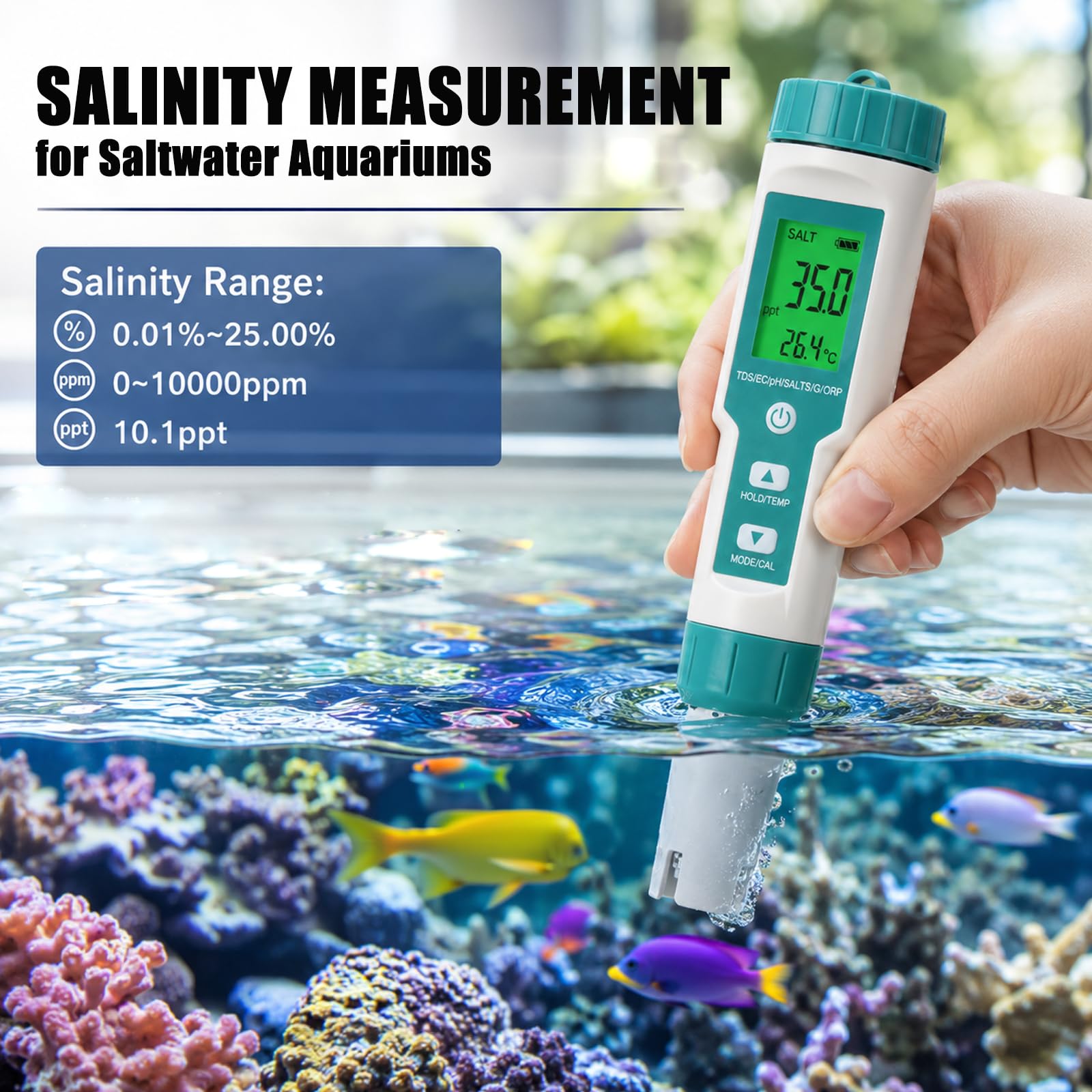 Testeur Eau 7-en-1 pH TDS EC ORP Salinité SG Temp | Étanche IP67, Calibrage Auto, Écran Rétroéclairé, Sonde Remplaçable, ATC, Poudres Calibrage pH Incluses.