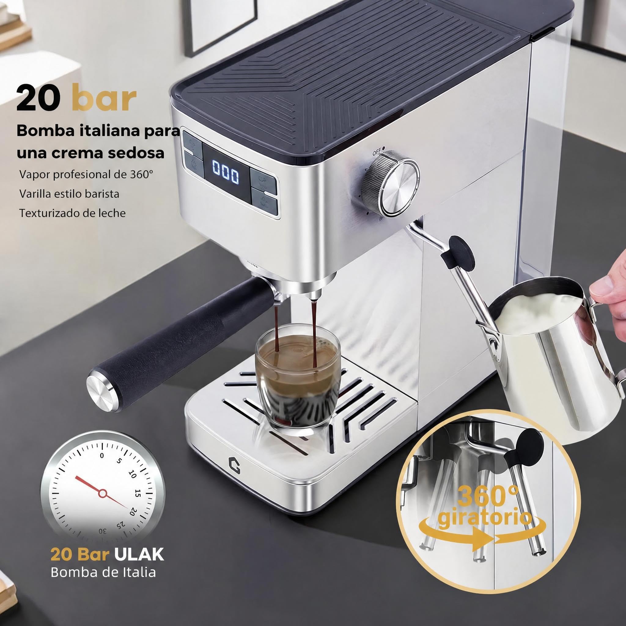 Garvee Máquina De Café Expreso De 15 Bares De Acero Inoxidable, Semiautomática Con Espumador De Leche,Diseño Compacto Depósito De Agua Extraíble De 1,4 l, Pantalla Digital, Perfecta Para Capuchi