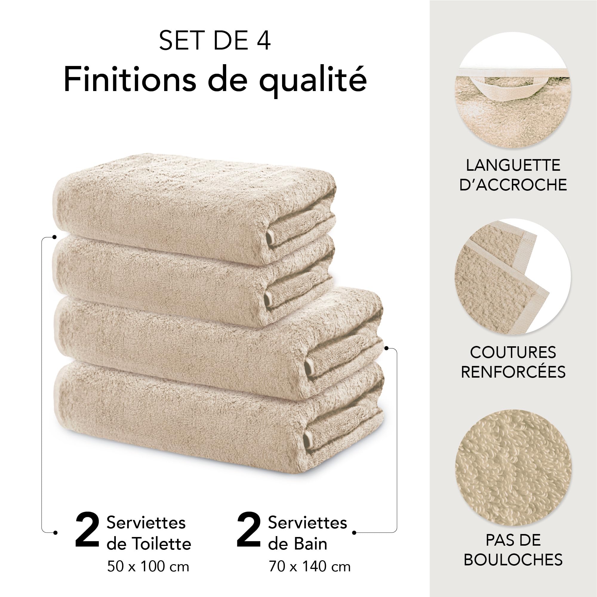 Ôhm Set Serviettes de Bain 4 Pièces Beige 100% Coton 500 g/m² pour Famille – 2 Serviettes 70x140 cm + 2 Serviettes 50x100 cm – Ensemble Linge de Bain Salle de Bain – Certifié Oeko-TEX