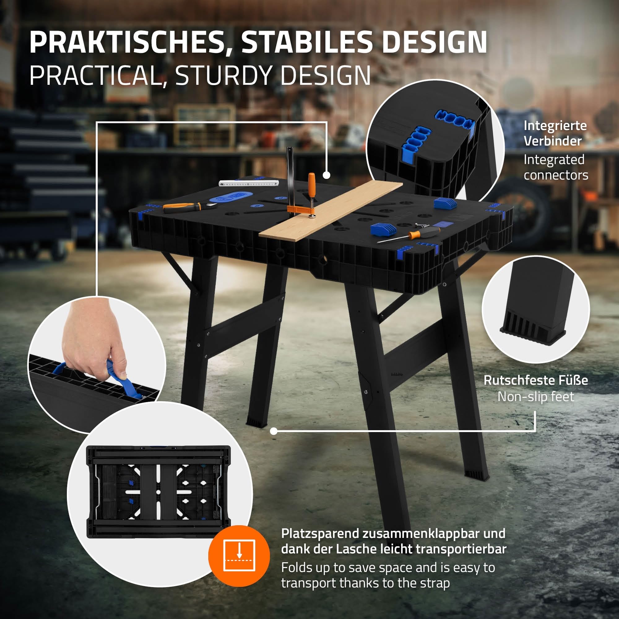 ECD Germany Folding workbench, 86x55x80 cm, extendable workbench, load capacity up to 150 kg, printed with 2 measuring scales, large work surface saw table Workshop workbench with metal legs and carry ECD Germany Folding workbench, 86x55x80 cm, extendable workbench, load capacity up to 150 kg, printed with 2 measuring scales, large work surface saw table Workshop workbench with metal legs and carry