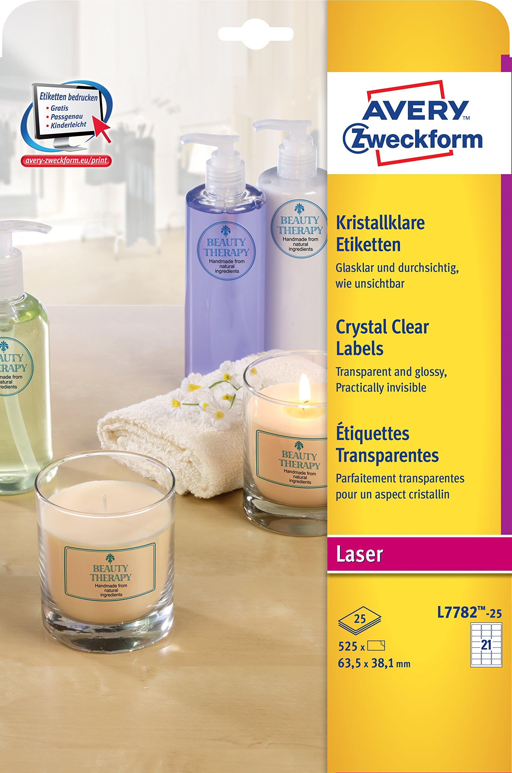 AVERY Zweckform L7782-25 transparente Etiketten (525 Klebeetiketten, 63,5x38,1mm auf A4, selbstklebend, Aufkleber zum Bedrucken, wetterfest, Beschriftungen/Produktaufkleber) 25 Blatt, durchsichtig