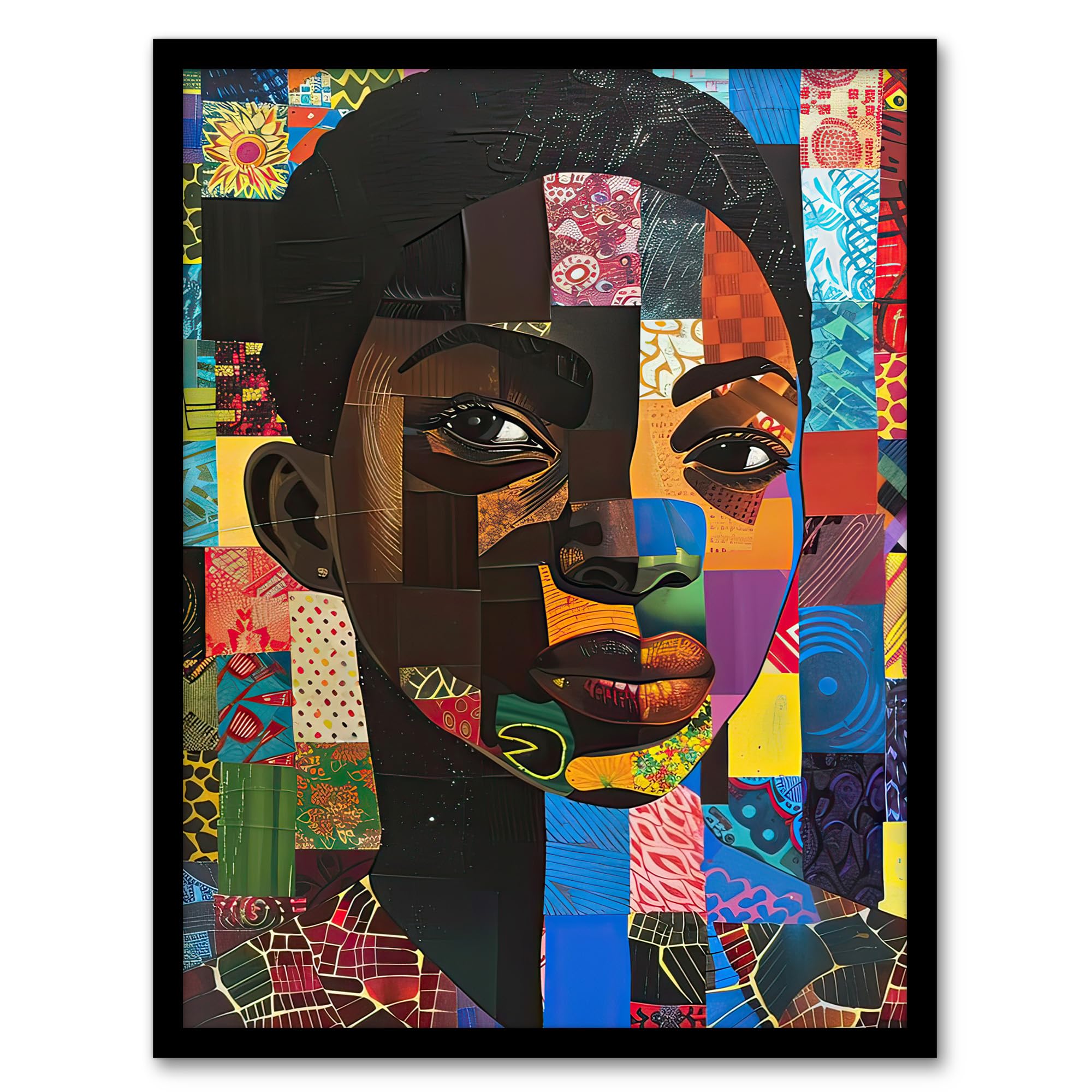Artery8 Colourful Patchwork Black Woman Portrait Framed Art Print - A4 Size