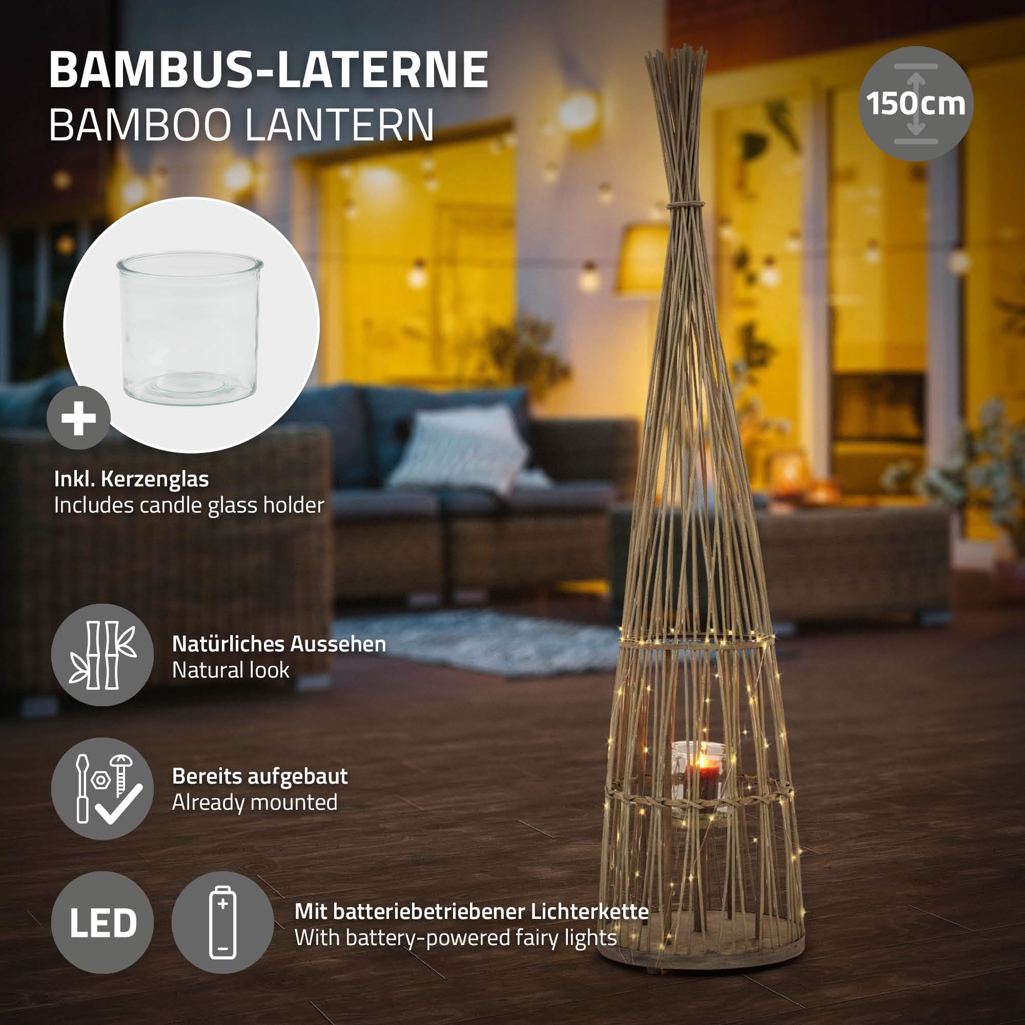 ECD Germany Bambus Laterne, Windlicht 150 cm, Holzfarbe, Gartenlaterne mit LED Lichterkette & Glaseinsatz, Boho Bambuslaterne Kerzenhalter Flechtoptik Innen/Außen, Deko Laterne für Terrasse Wohnzimmer