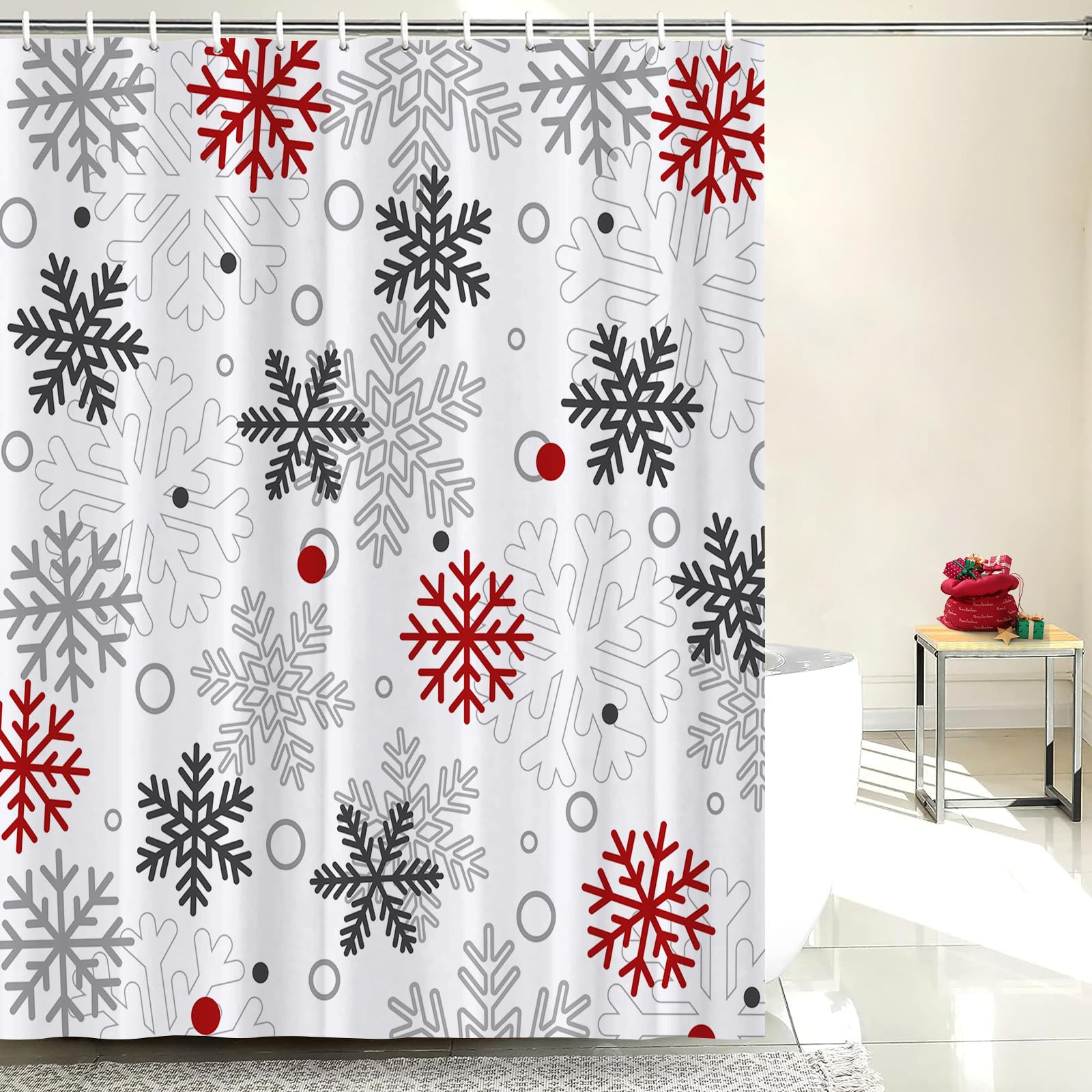 JOOCAR Christmas Snowflakes Shower Curtain Winter Red Grey White Snowflake Waterproof Shower Curtains for Bathroom Merry Xmas New Year Holiday Bathroom Shower Curtain Set including Hooks 72x72 Inch - Image 2