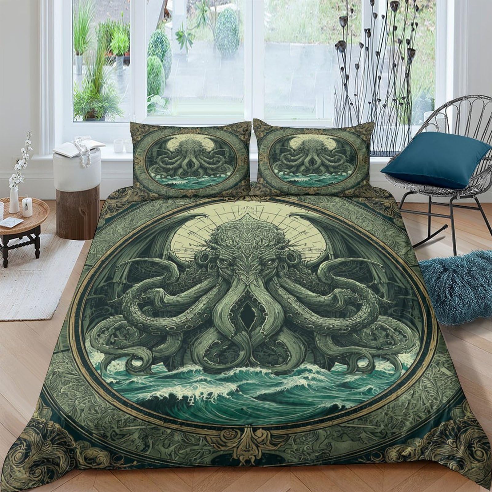 Ctjqhvkz Style-7 3D Printed Cthulhu Ocean Fitted Sheet Microfiber Dark Green Octopus Bed Cover For Bedroom Dorm Protection Decor Single（135X200cm）