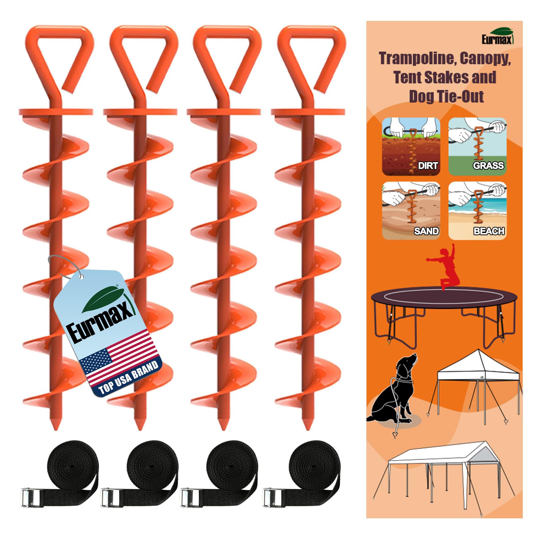 Eurmax Lot de 10 piquets de Tente Multi-usages en Acier Robuste de 30,5 cm pour Camping, auvent et bâche avec 4 Cordes de 3 m de Long (Orange)