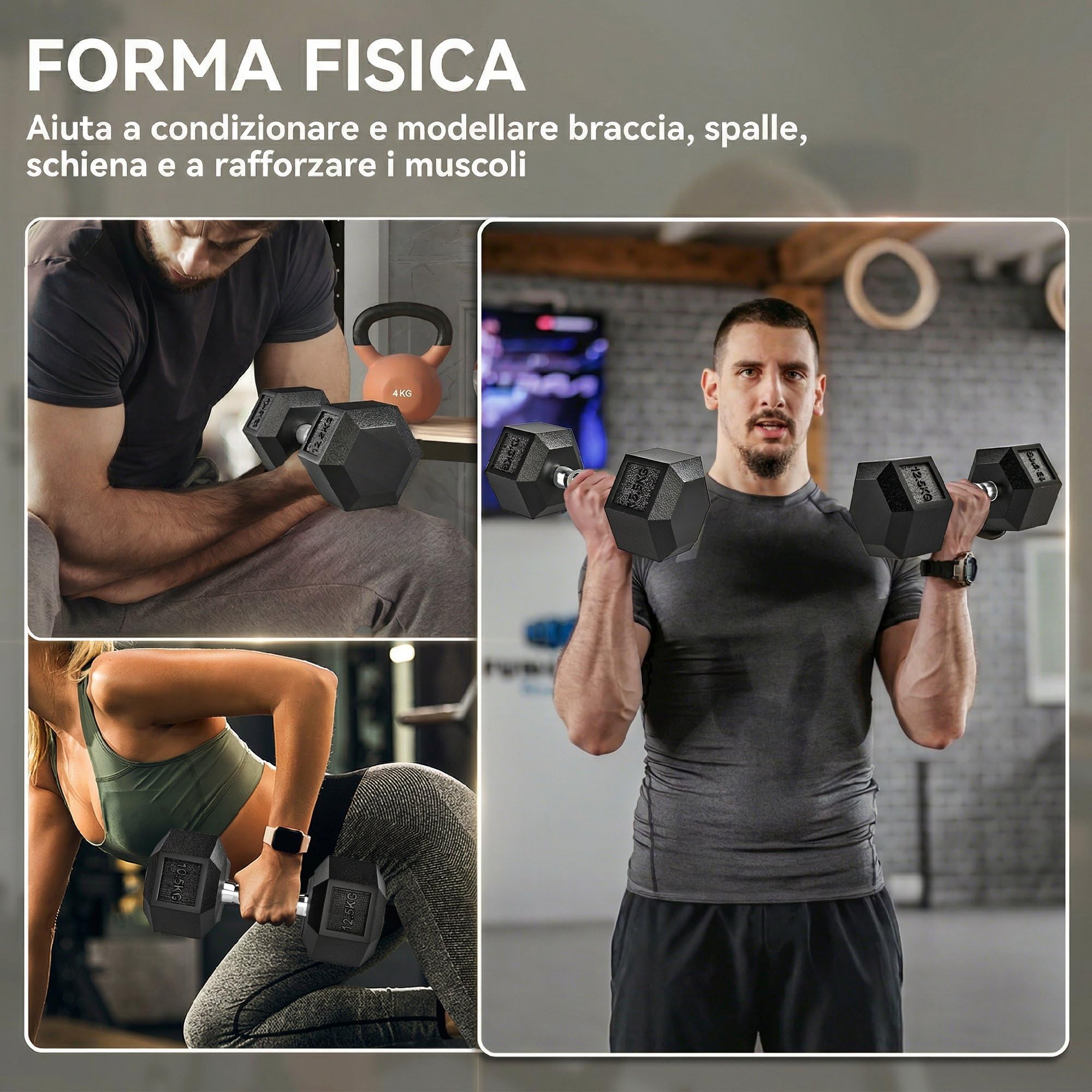 HOMCOM Set di Manubri Palestra, 2x12.5 kg, Pesi Palestra Esagonali con Impugnatura Antiscivolo, Allenamento Forza Fitness Casa, Nero