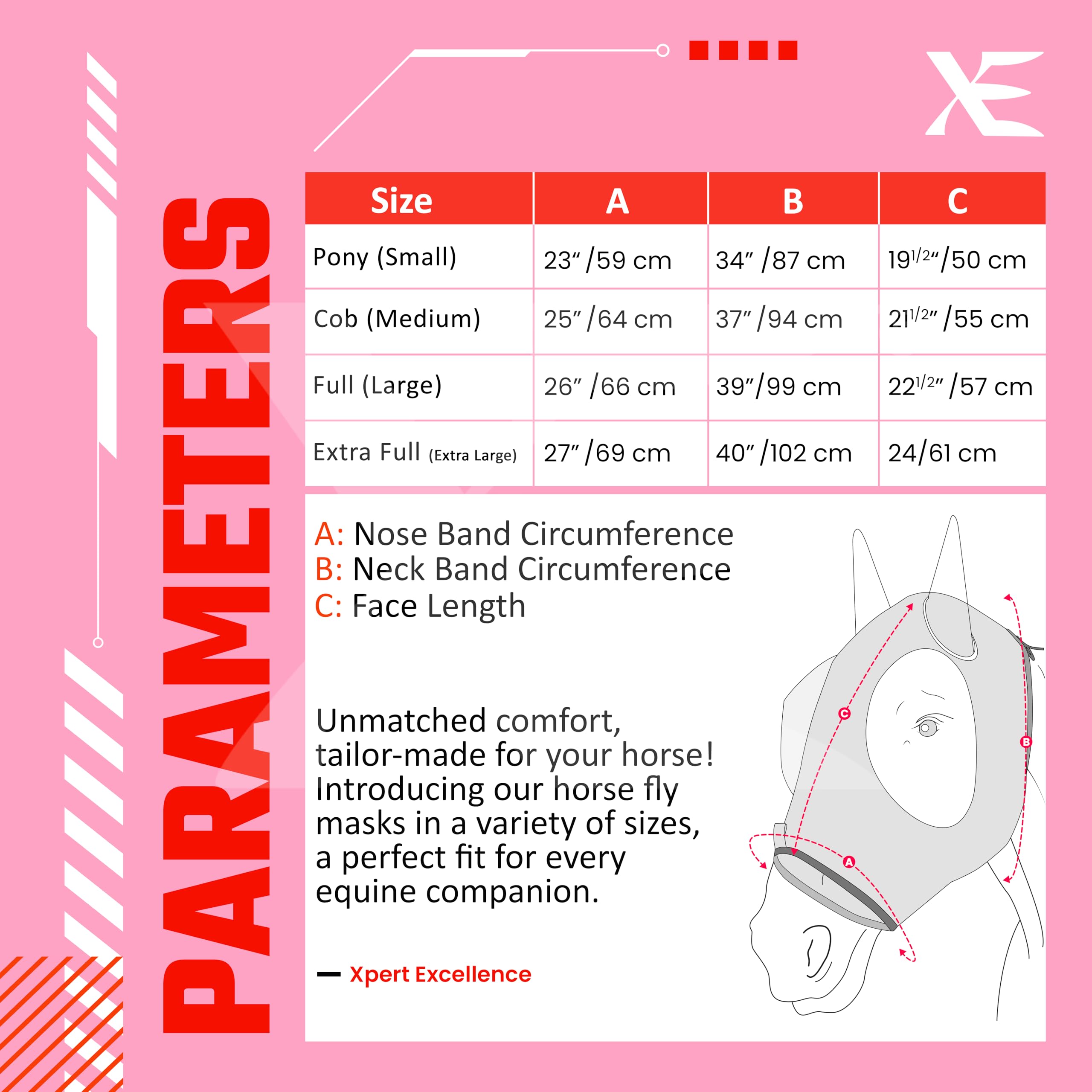 XE Máscara contra Moscas de Caballo con Orejas – Máscara de Caballo de Malla Transpirable para Cara Completa y Nariz para Protección UV y Mosca, Máscara Caballo (Half Pink Mask, COB (M))
