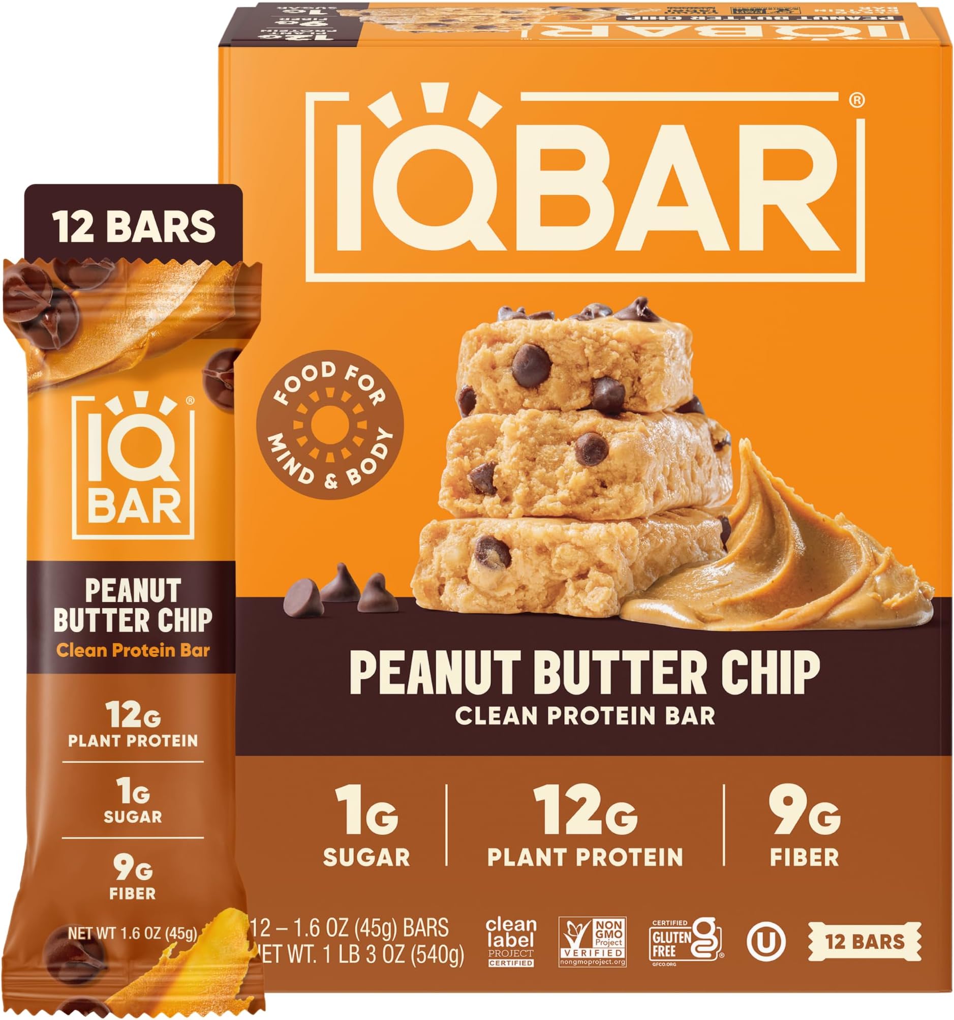 Brain + Body Bars, Peanut Butter Chip | Keto, Vegan | 11g Protein, <1g Sugar, 4g Net Carbs | Non-GMO, Gluten-Free, No Sugar Alcohols | 12-Count