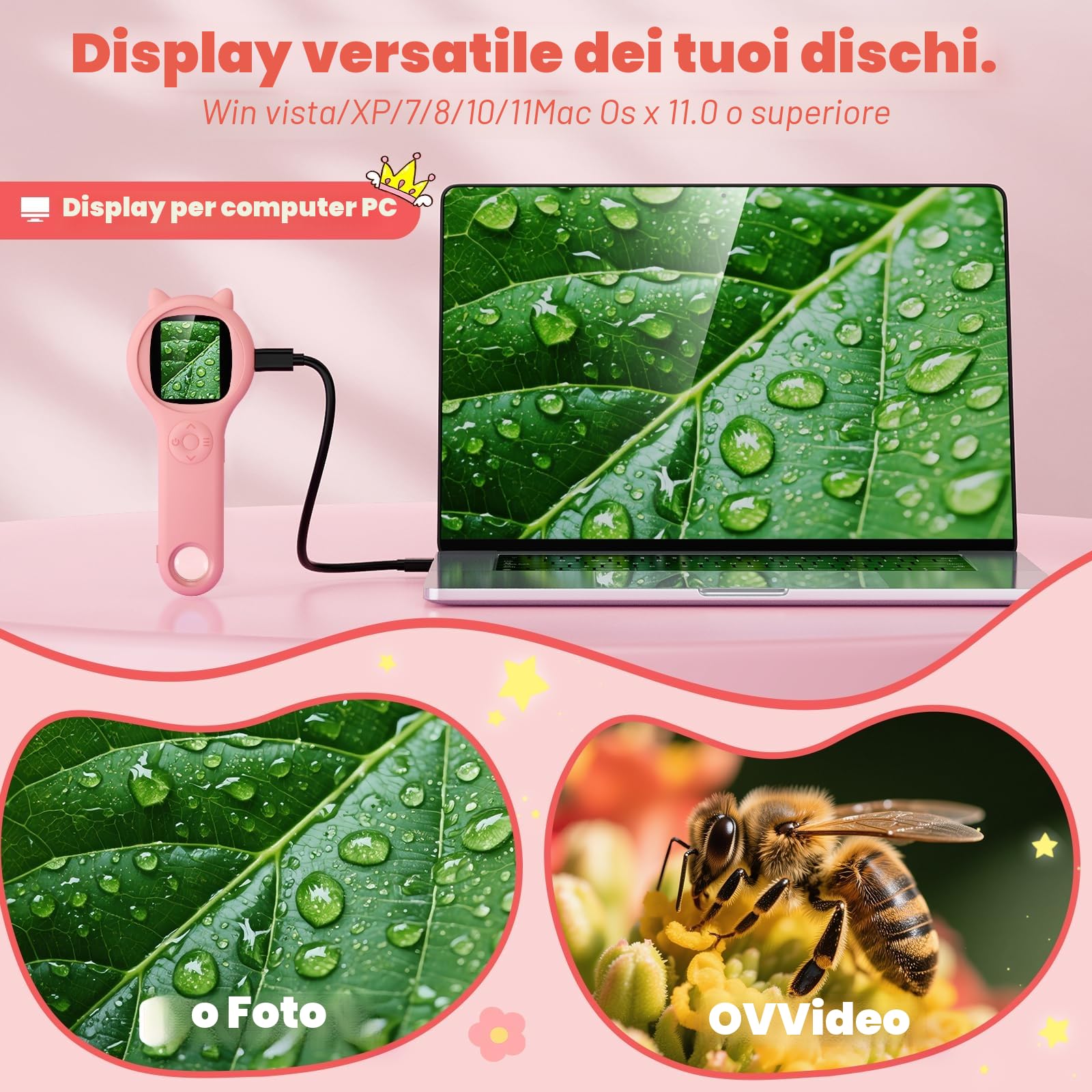 Ashfly Microscopio portatile per bambini, schermo IPS da 2,0", 200X, microscopio tascabile portatile, 3 livelli regolabili, luci LED USB su PC, mini microscopio per bambini dai 3 anni in su, rosa