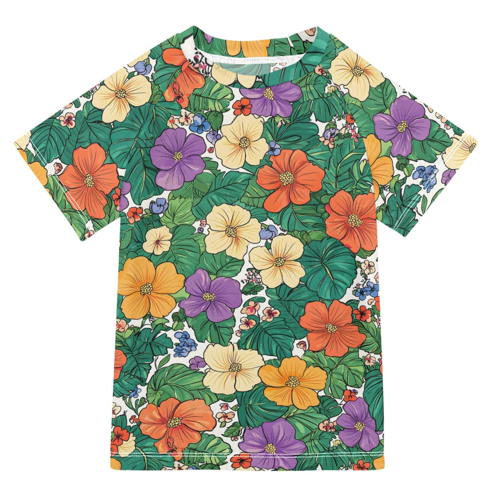 ALAZA Kids Rash Guard Boys Toddler Swim Shirts Short Sleeve Tropical Flowers Print UPF 50+ 3T