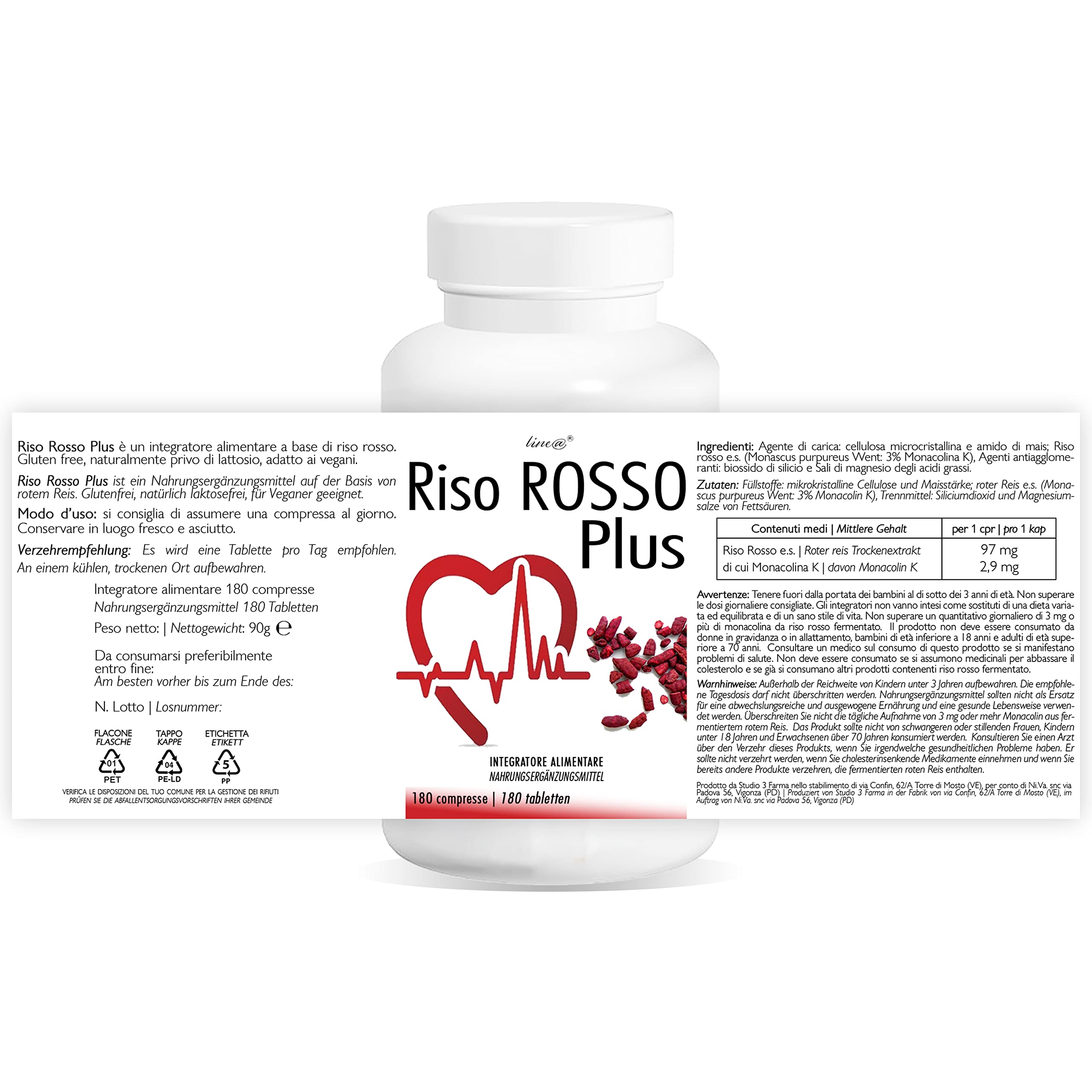 Roter Reis | Riso Rosso Plus Line@diet | Italienisches Produkt (180 TABLETTEN)