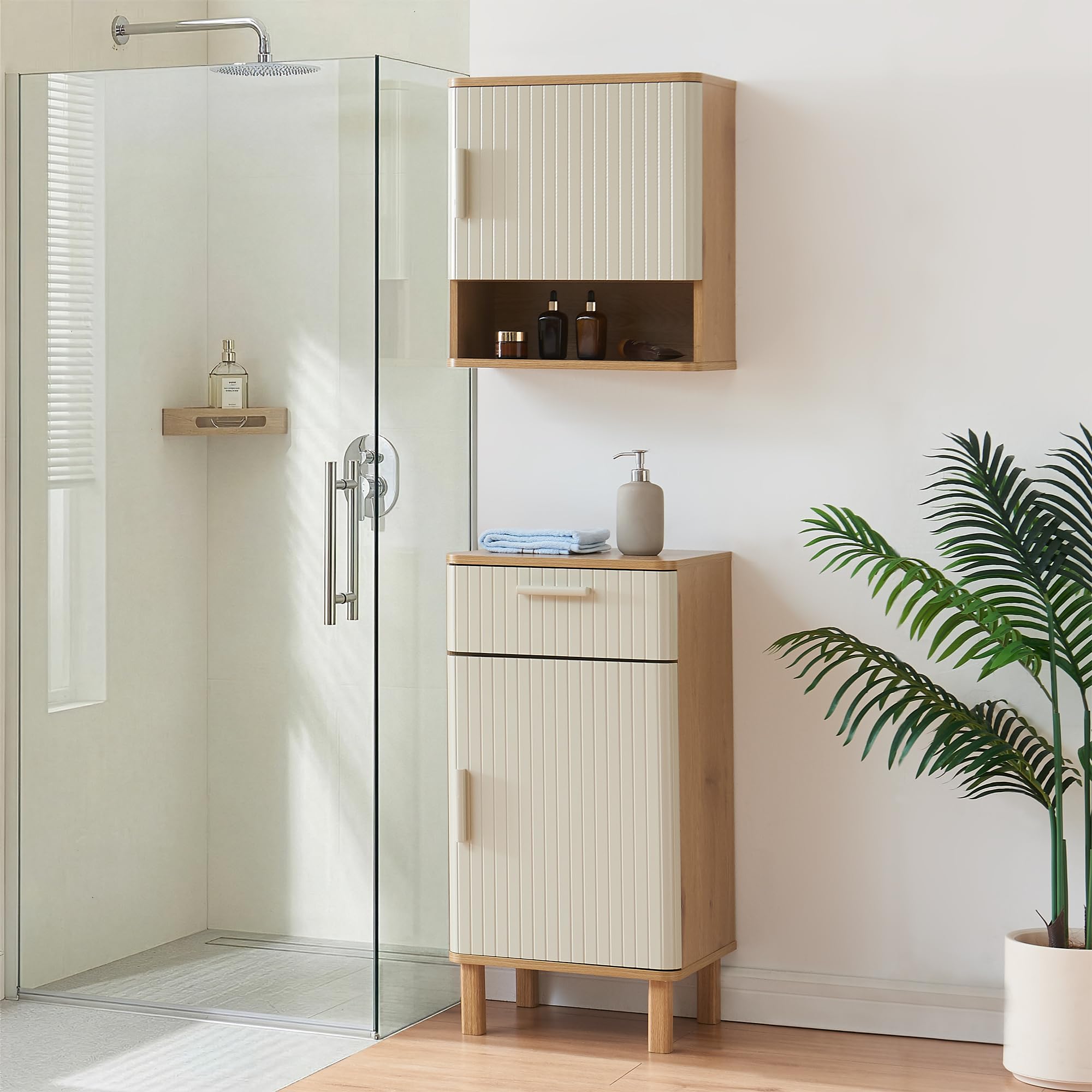en.casa] Badmöbel Set Ferrersp 2-teilig Badezimmermöbel geriffelte Fronten Badezimmergarnitur inkl. Midischrank Hängeschrank Eicheoptik/Sandfarben Küche, Haushalt & Wohnen
