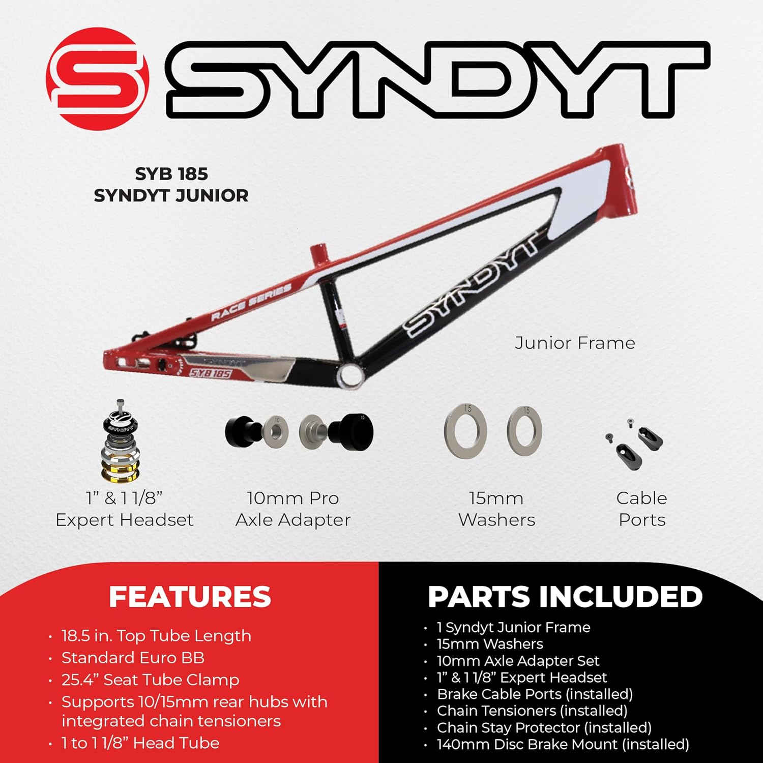 Syndyt 185 Junior BMX Racing Bike Frame – 18.5” Top Tube, 6061-T6 Aluminum (2.81 lbs), Tapered 38/42 Head Tube,Standard Euro BB, 10/15 mm Hubs, 140mm Disc Brake, Chain Tensioners – Bicycle Frame