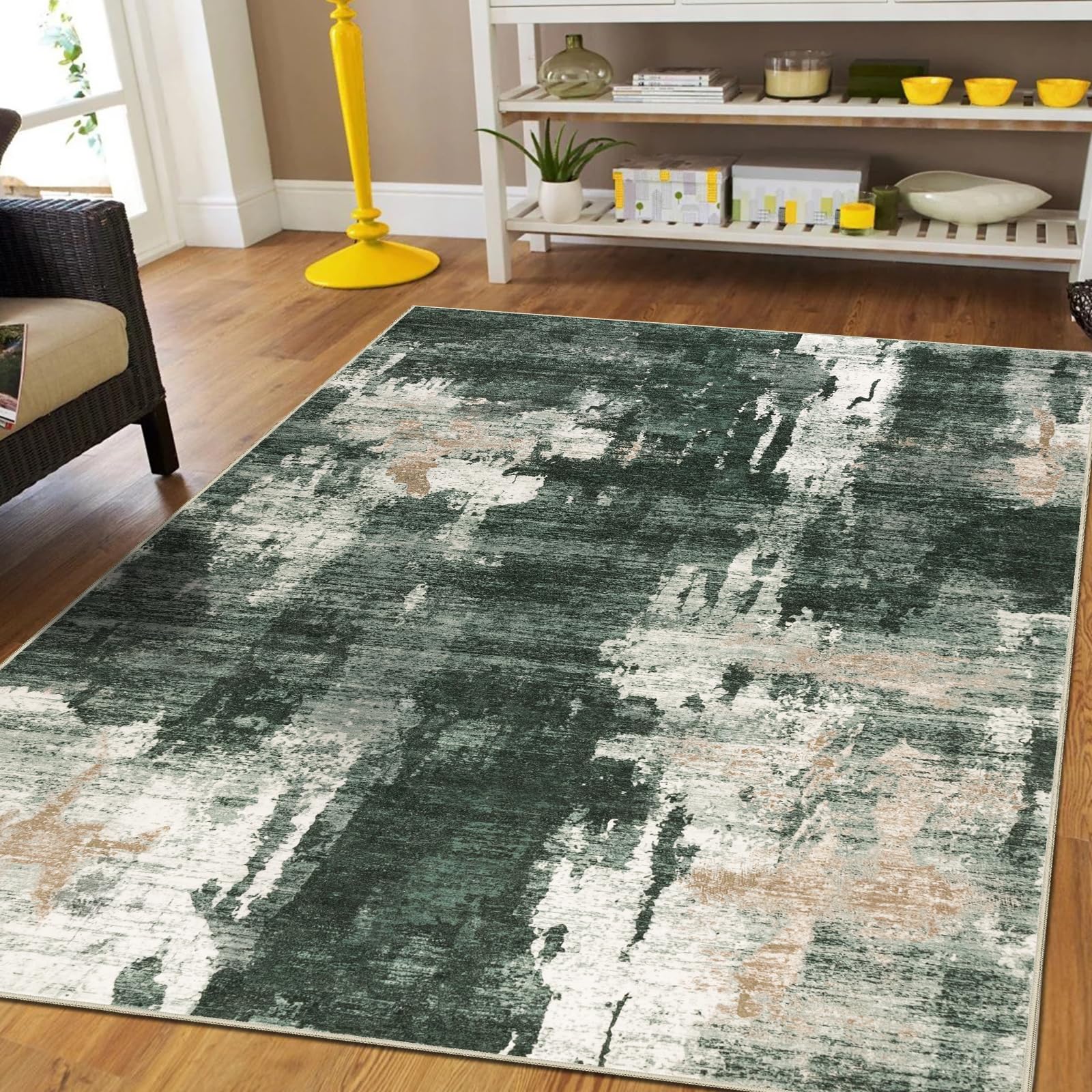 Capslpad 120x180cm Modern Abstract Rugs Living Room Non-slip Area Rug Short Pile Faux Wool Bedroom Carpet Lightweight Washable Minimalist Floor Carpet for Living Room Bedroom Office Decor, Green