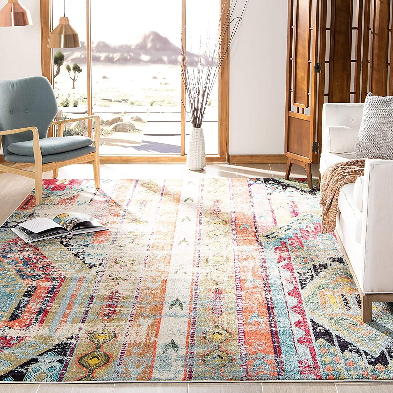 Boho Chic Teppich für Wohnzimmer, Esszimmer, Schlafzimmer - Monaco Collection, Kurzer Flor, Multi, 155 X 231 cm