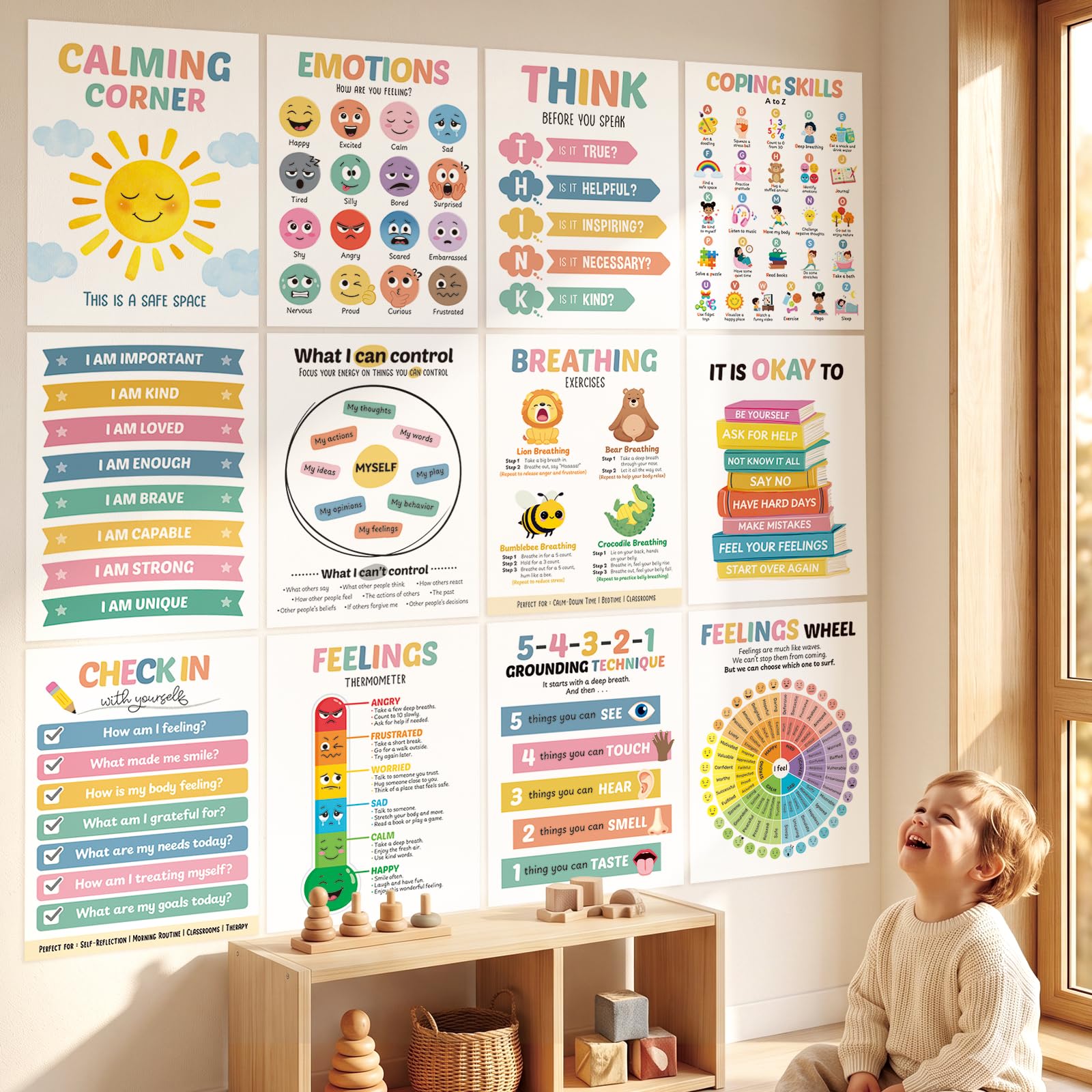 DECOWALL 12 Calming Corner Peel &amp; Stick Posters Feelings Charts (PS12-02)