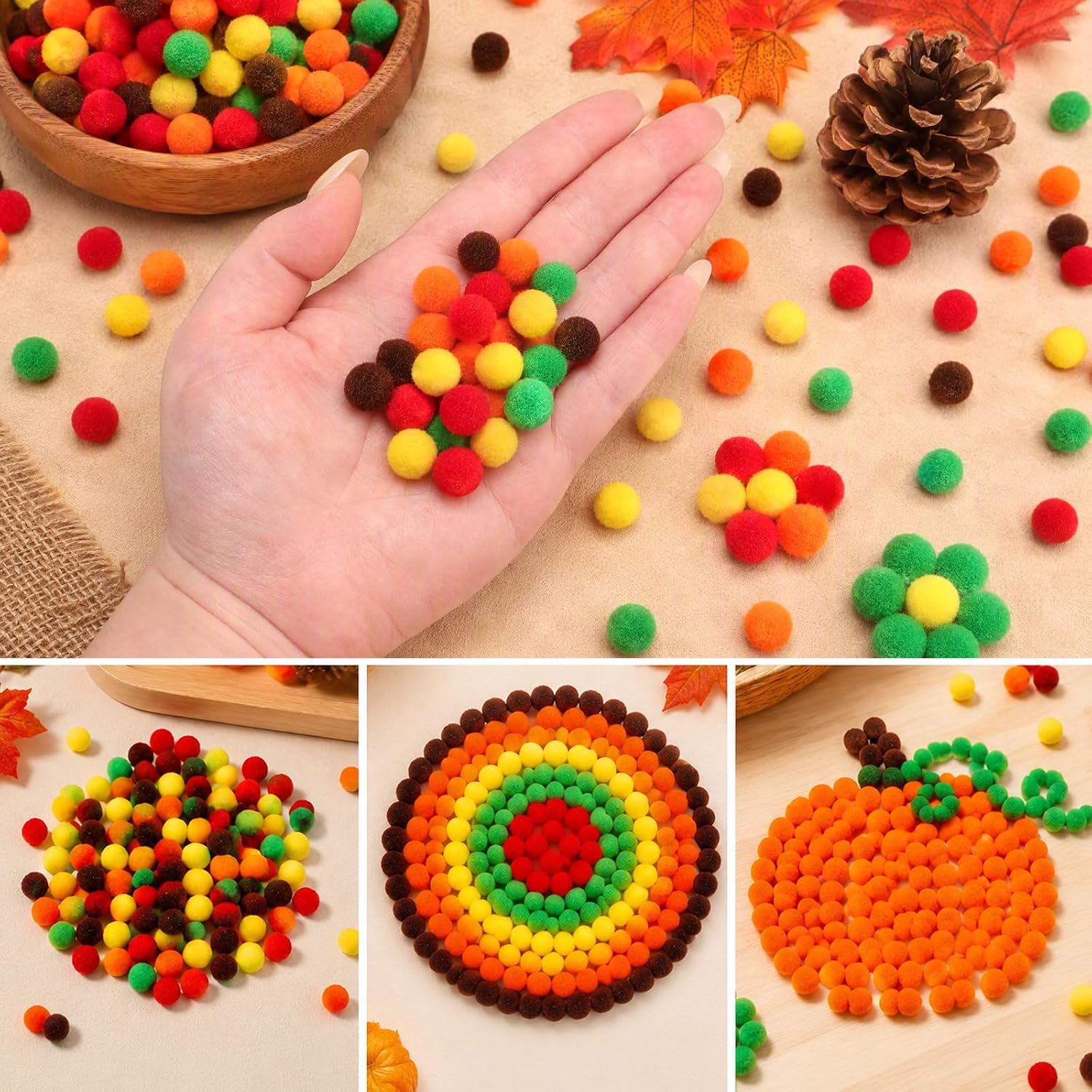 1000 Pieces Fall Pom Poms Balls Yellow Orange Brown Red Pom Poms