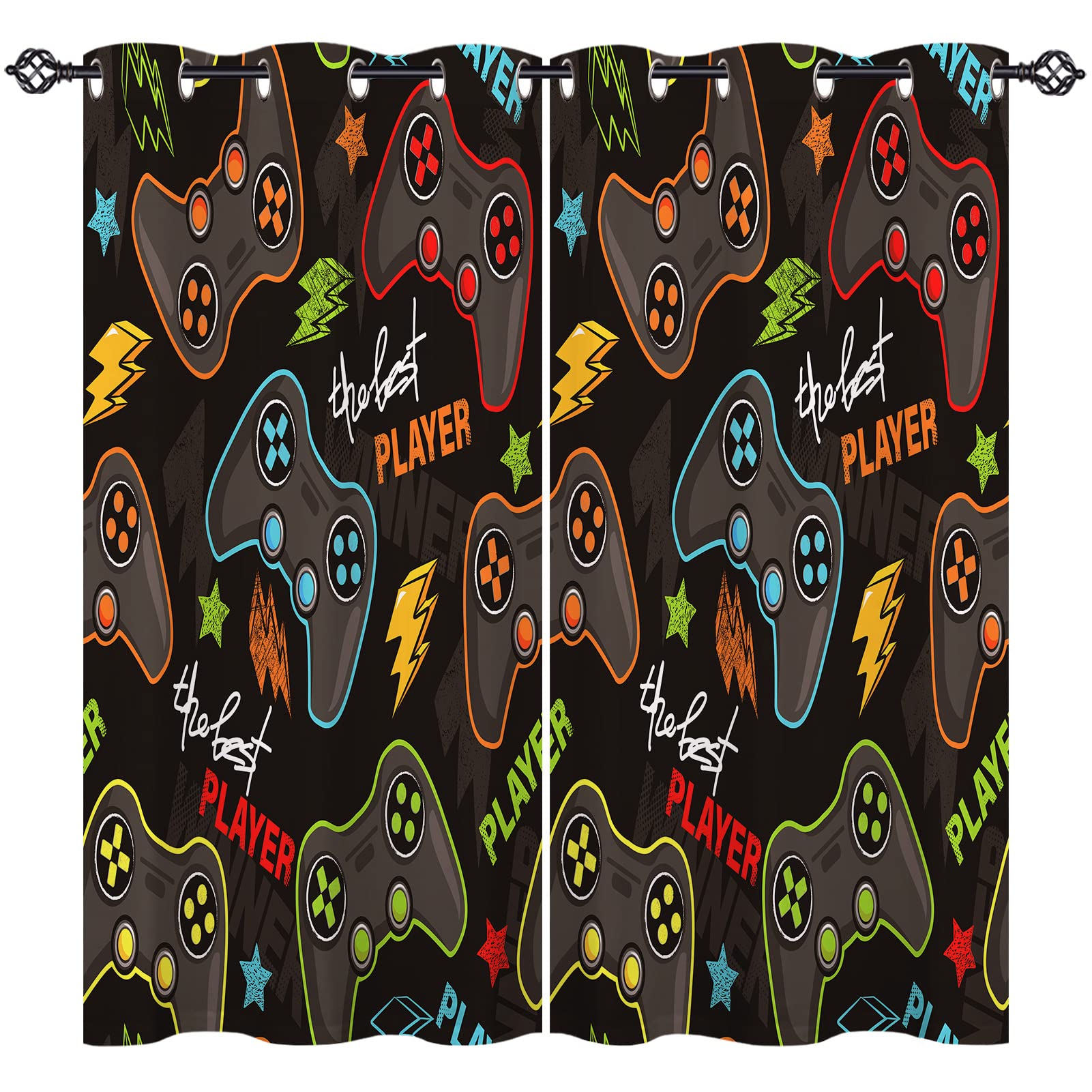 ANHOPE Gamer Curtains Grommet Blackout Room Darkening Curtains Gaming Theme Video Game Gamepad Print Pattern Thermal Insulated Window Drapes for Kids Boys Bedroom Living Room 2 Panels 29.5 x 63 Inch