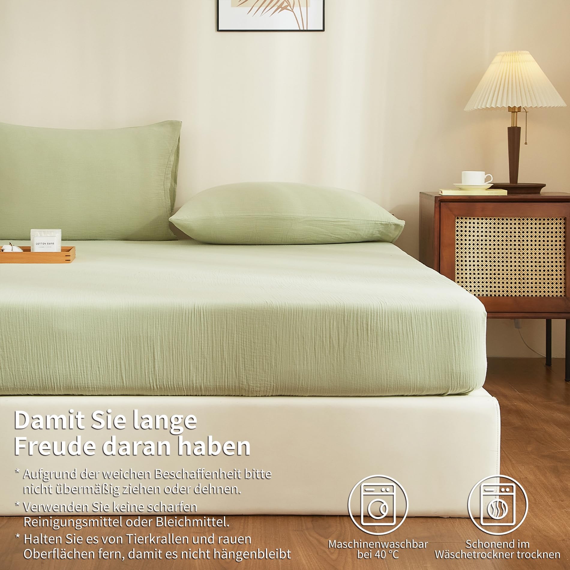 Doppelte Muslin Spannbettlaken 200x200cm 100% Baumwolle Grün Muslin Bettlaken 200x200cm Baumwolle Weich Atmungsaktiv Kuschelige Spannbetttuch Boxspringbett Geeignet für 30cm Matratze