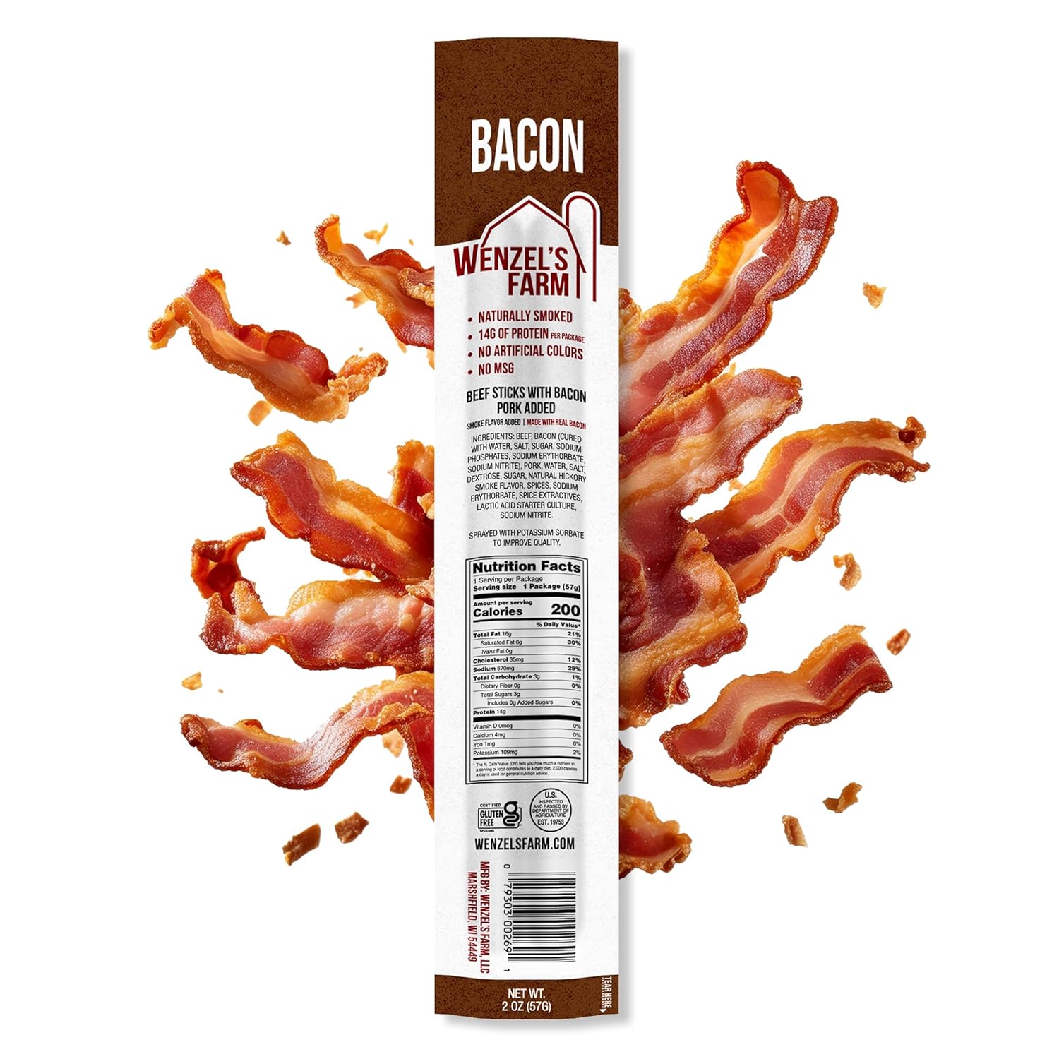 Wenzel’s Farm Bacon and Beef Snack Sticks │Snack Sticks │ Flavorful, Naturally Smoked │ High Protein, Low Carb │ No MSG, Fillers, Binders, Artificial Colors │ Gluten Free | 32 sticks (16 packs of 2)