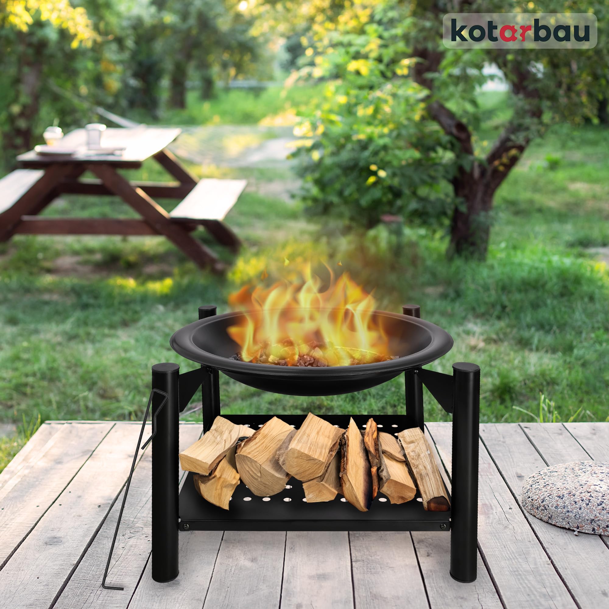 KOTARBAU Braciere Ghisa in Acciaio Nero | Braciere Esterno | Brazero Giardino 58x58x55cm con Conservazione In Legno