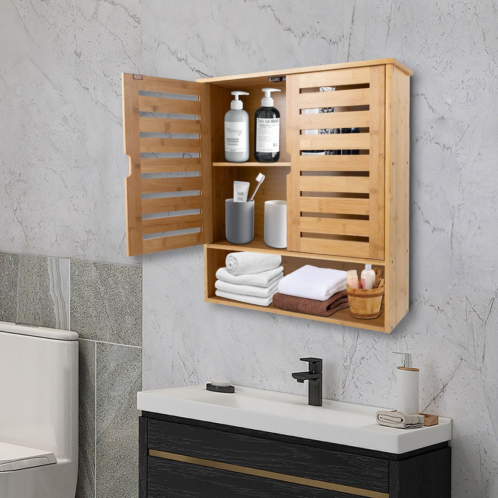 Armadietto da Bagno a Parete, Pensili in bambù per Bagno, Armadietto per medicinali Pensile sopra il WC Organizzatore Salvaspazio Armadietto da Bagno a Parete