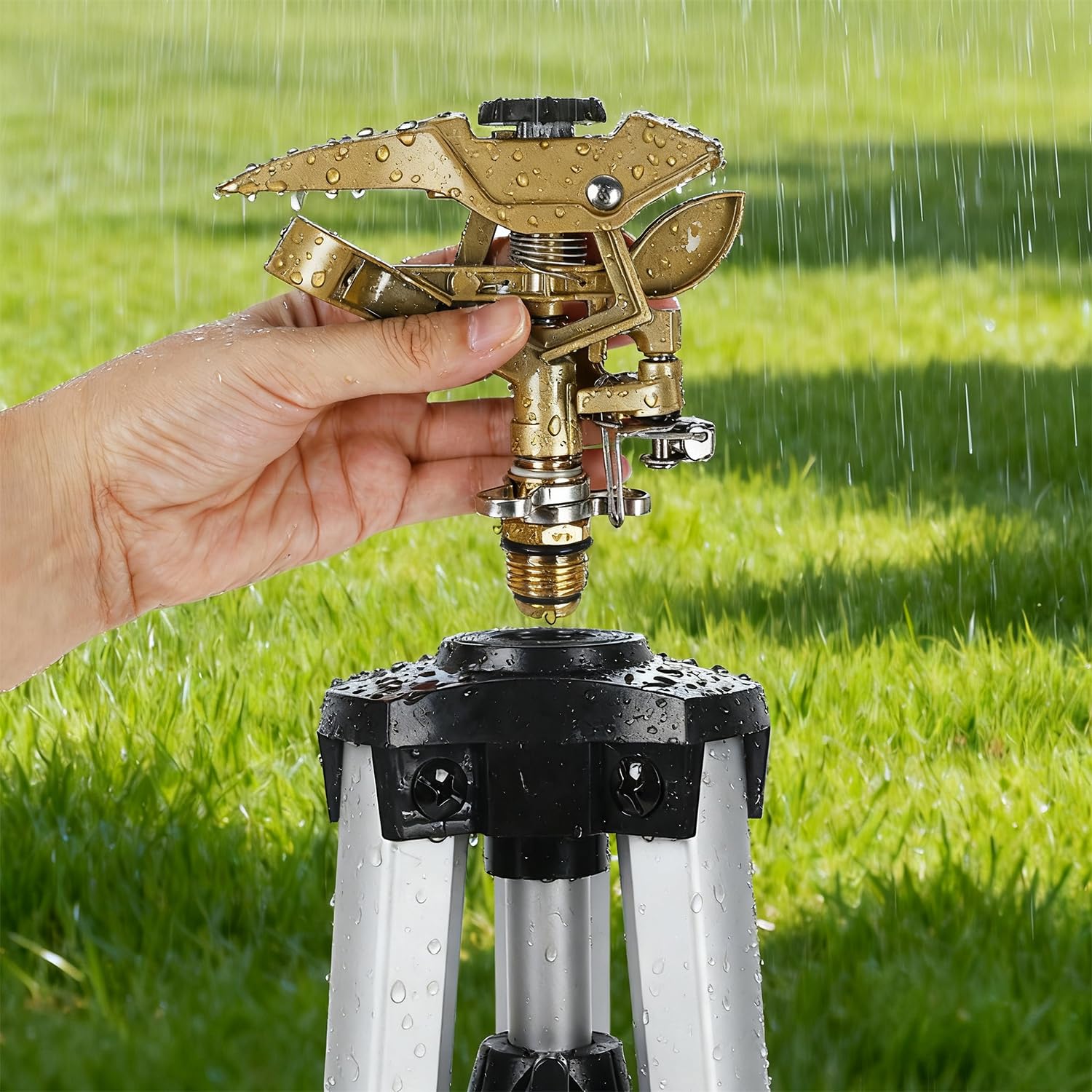 Biswing Robuster Schlagregnerkopf auf Stativbasis, hohe Metall-Rasensprinkler für Hof, Rasen, Garten, Teleskop-Sprinkler mit 3/4-Zoll-Anschluss, 360-Grad-Großflächenbewässerung, 1 Packung