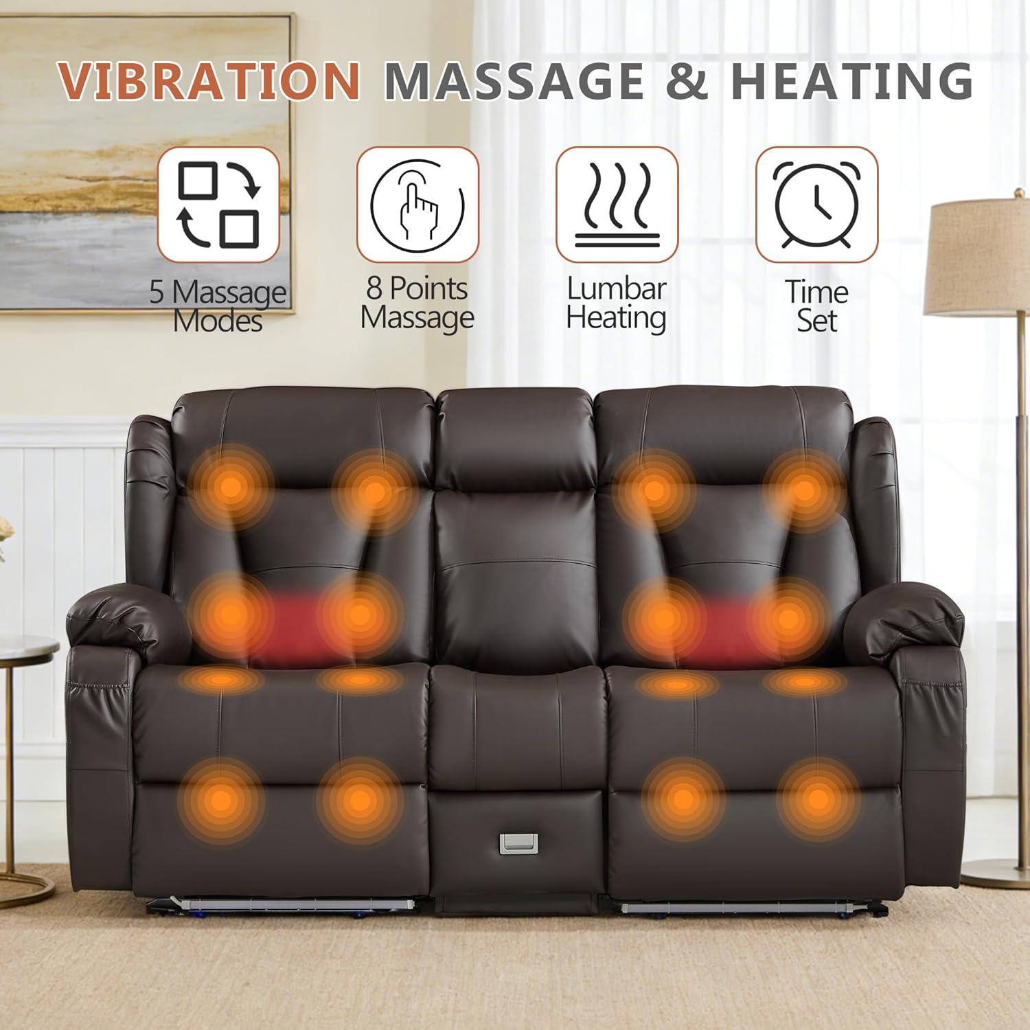 AHMED Power Loveseat Recliner Sofa with Console, Zero Wall Hugger RV Reclining Couch with Massage and Heat, Home Theater Seating with LED Lights,USB Ports, AC Outlet, Cup Holders, Faux Leather, Brown | Zero Wall Hugger, Cup Holders, AC Outlets, Power Reclining, Storage Drawer