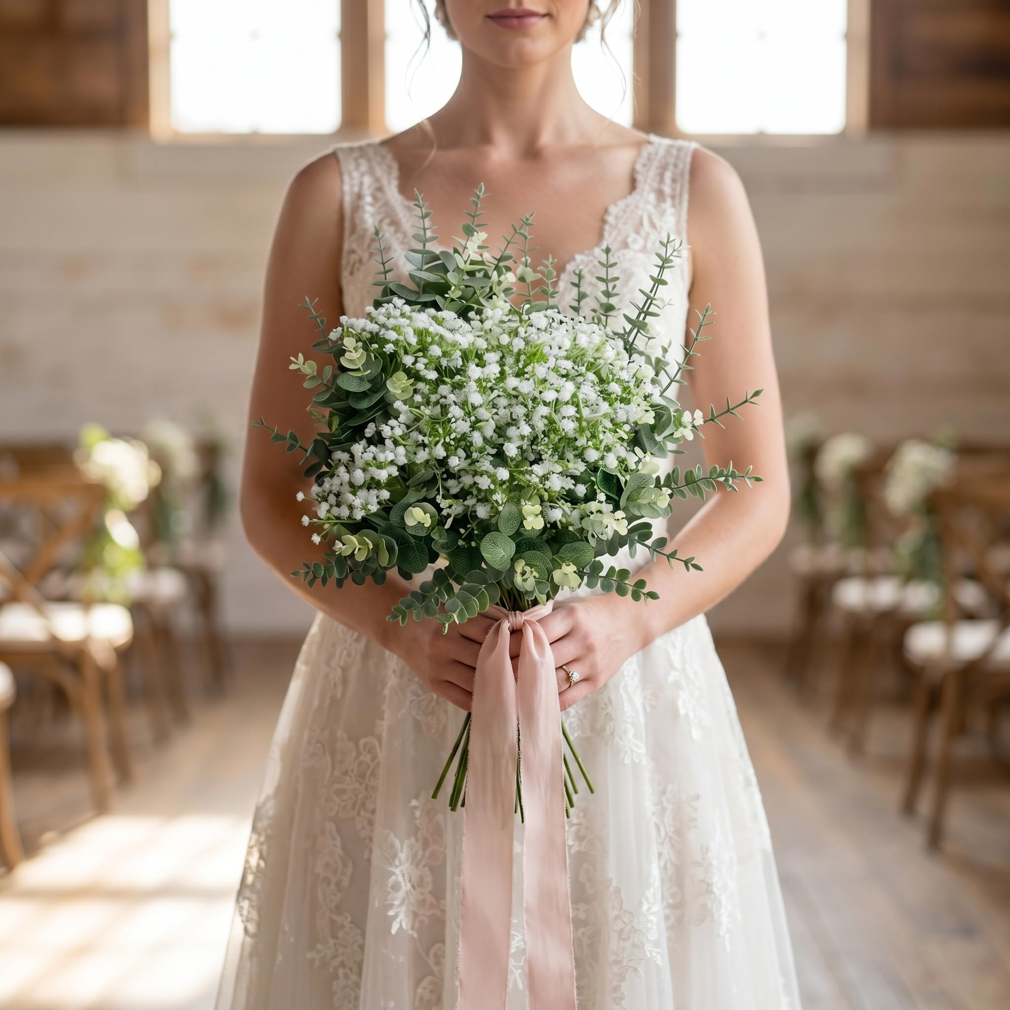 Künstlicher Blumenstrauß mit Schleierkraut und Eukalyptus, Real Touch Kunstpflanzen Deko für Vase, Biegbare Kunstblumen Stiele für DIY Hochzeit Brautstrauß, Heim Tischdekoration, Grün & Weiß