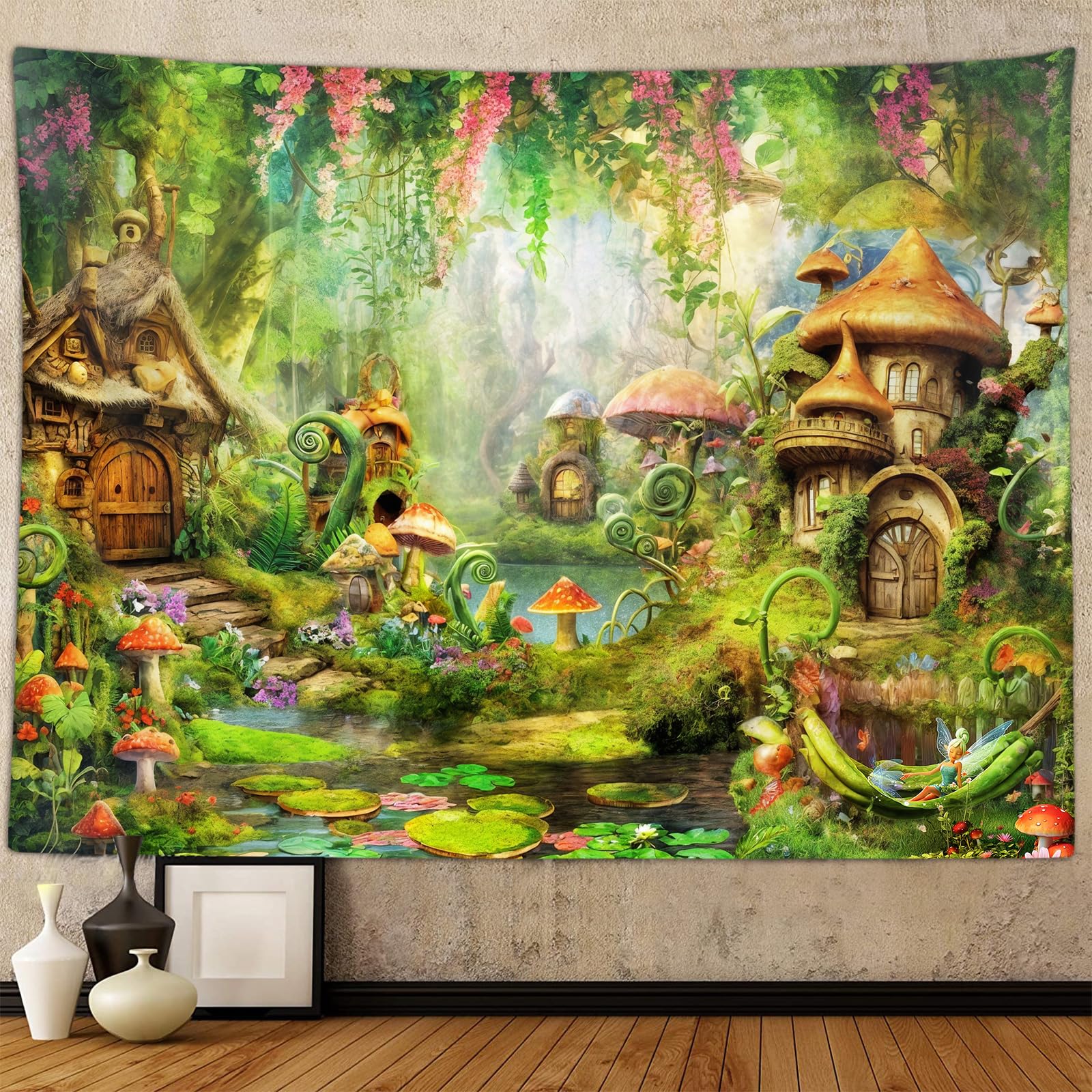 Fairy Forest Mushroom Decor Tapestry, Cute Fantasy Enchanted Forest Garden Tapestries Wall Hanging for Girls Bedroom College Dorm Room Aesthetic 60X40" Fairytale Nature Nursery Poster Blanket