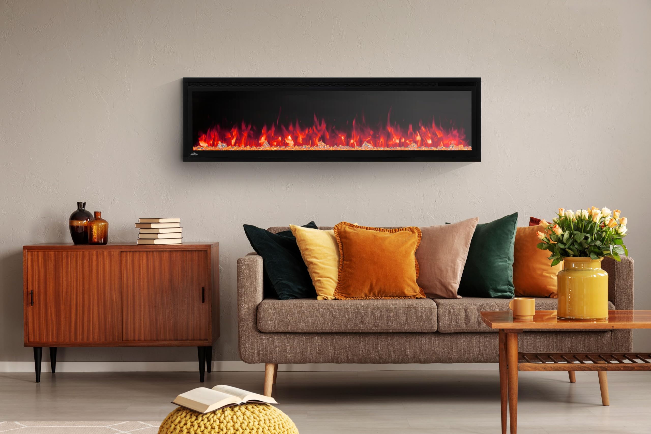 Napoleon Entice 60 - NEFL60CFH - Wall Hanging Electric Fireplace, 60-in, Black, Glass Front, Glass Crystal Ember Bed, Multiple Flame Colors, Remote Included