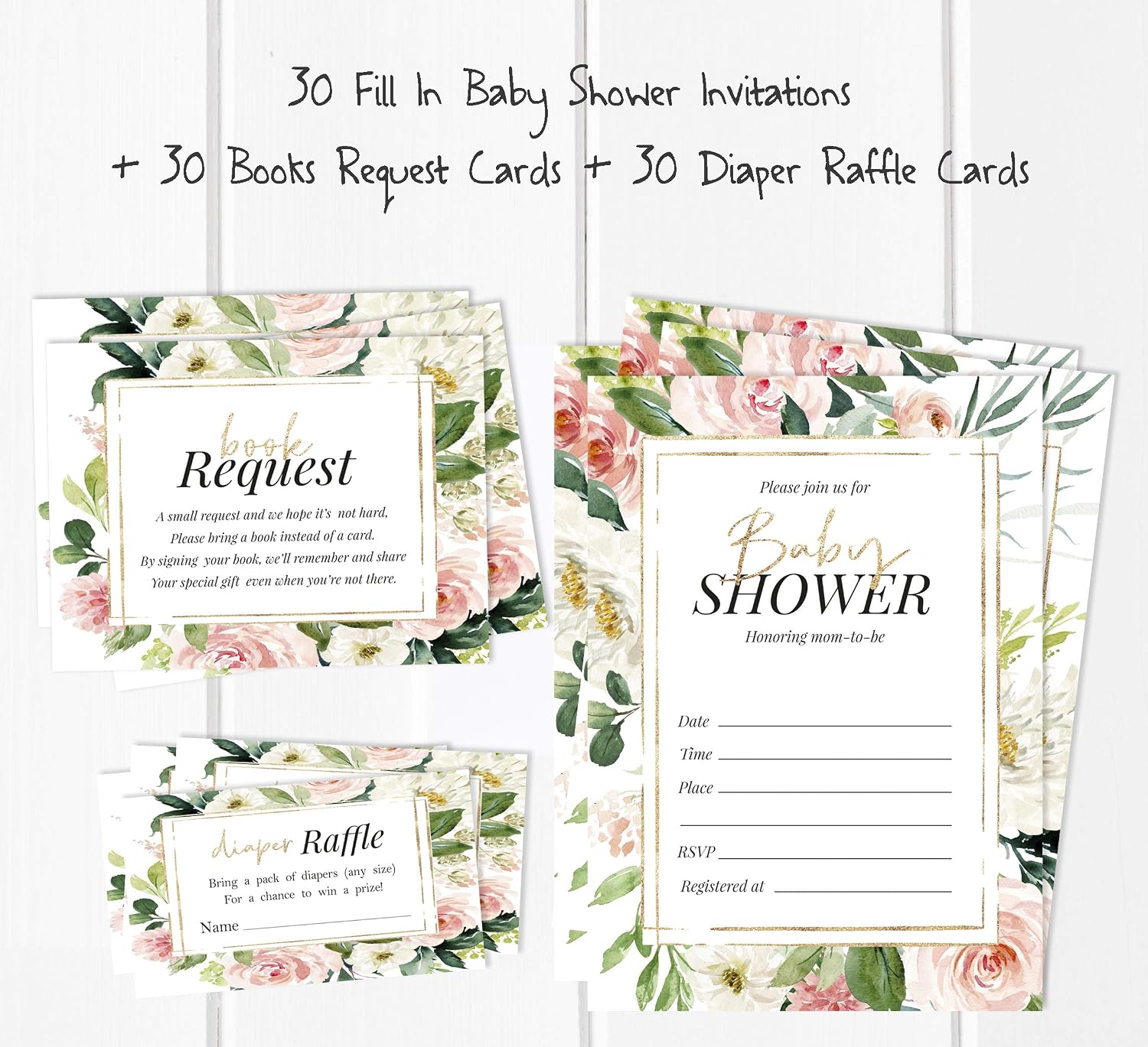 Set of 30 Floral Baby Shower Invitations-Diaper Raffle Tickets and Baby Shower Book Request Cards Gender Neutral Invites Its A Boy Its A Girl