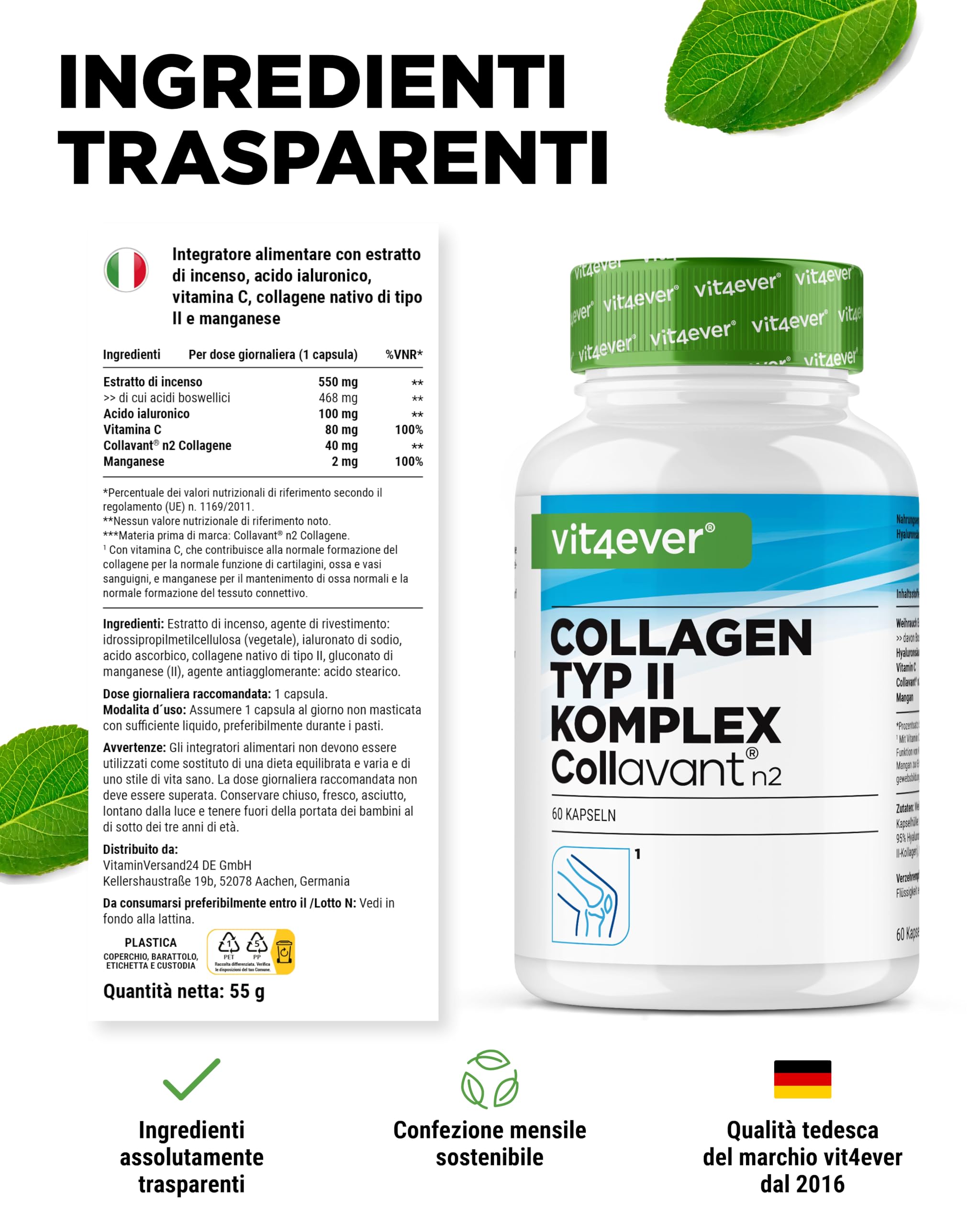 Complesso Collagene di tipo II - con collagene nativo Collavant n2®, estratto di incenso, acido ialuronico, vitamina C, manganese per ossa, cartilagini e articolazioni