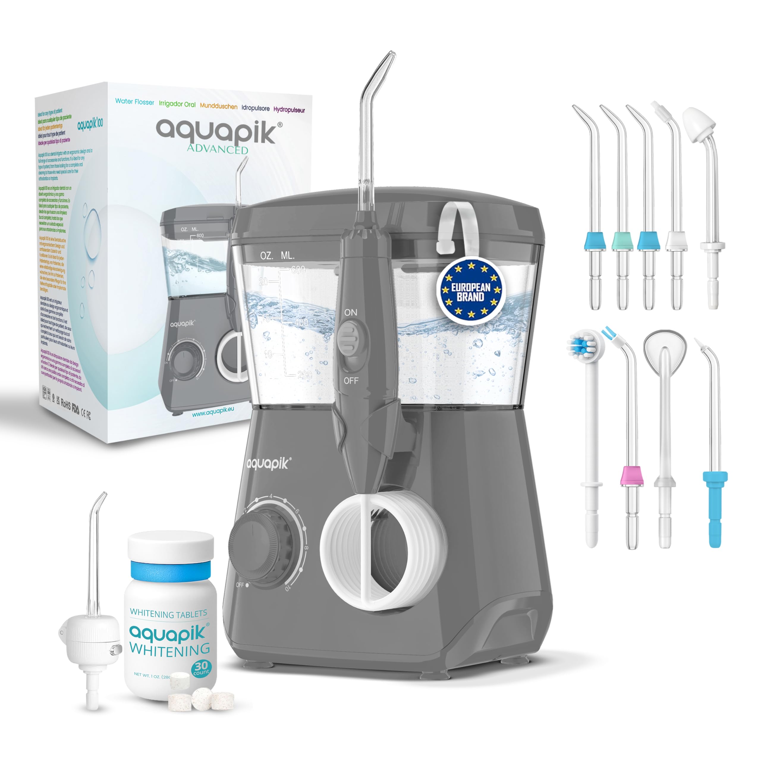 Aquapik® ADVANCED Munddusche | Ideal für Zahnspangen, Implantate und empfindliches Zahnfleisch | Aufhellungs-Kit entfernt Flecken | 10 Druckstufen | 10 Düsen | Von Zahnärzten empfohlen.