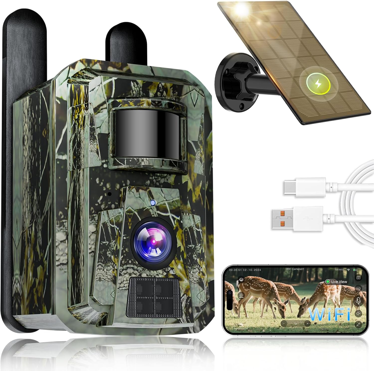 Trail Camera with Night Vision Game Camera: WiFi Trail cam with Motion Activated Waterproof - Solar Wildlife Cameras for Outdoor Deer Monitoring and Home Property Security - WiFi Bluetooth Connection