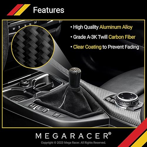 Miniatura 2 de Mega Racer Pomo de cambio de fibra de carbono real de 2.8", vehículos de transmisión manual de 4, 5 y 6 velocidades y automáticos sin botones, 100%