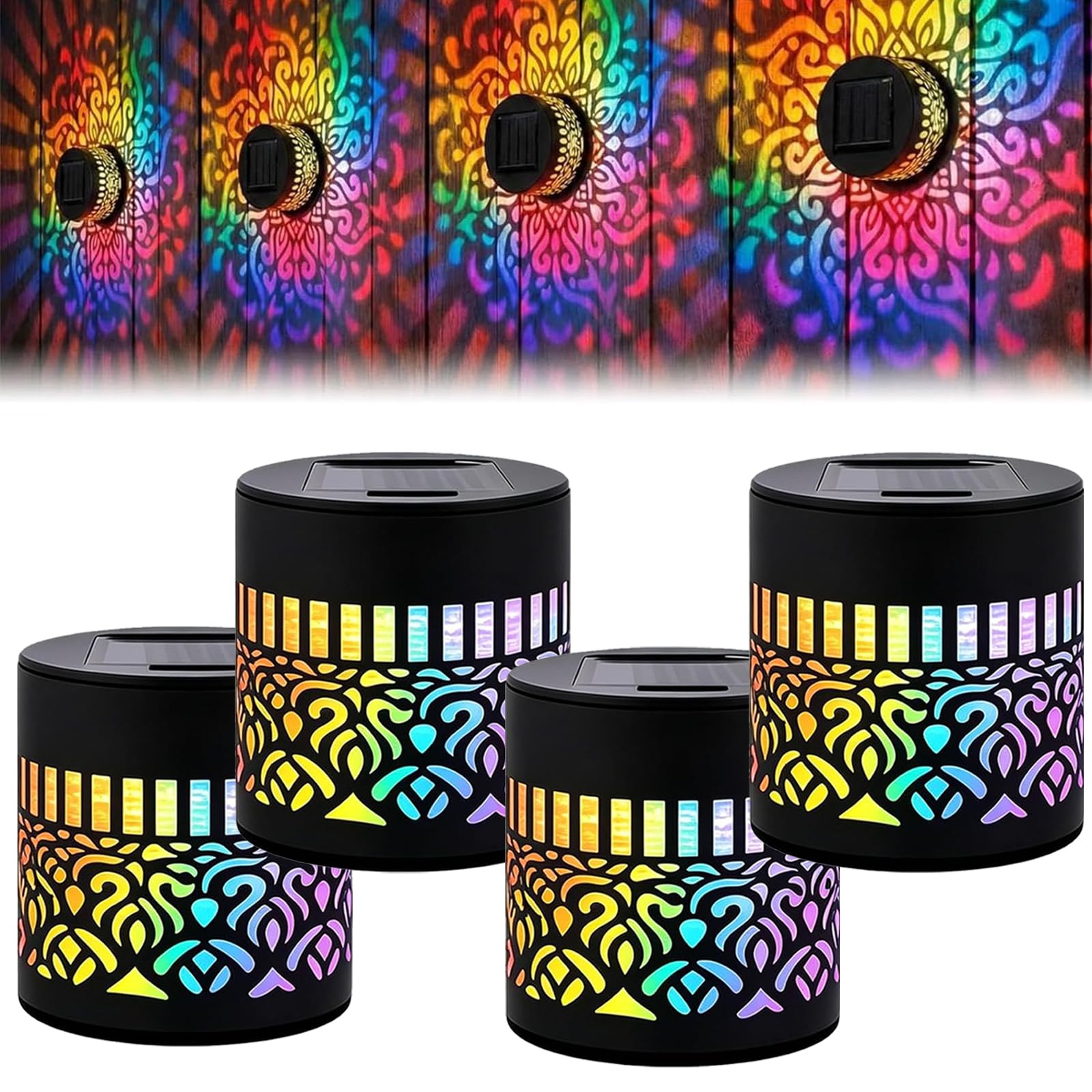 Solar Mandala Wall Lights, Mandala Solar Projector Light Outdoor, Seven‑Color Changing Waterproof Metal Fence Light, Solar Powered Decorative Garden Lamp for Patio Yard Backyard Post (4pcs)