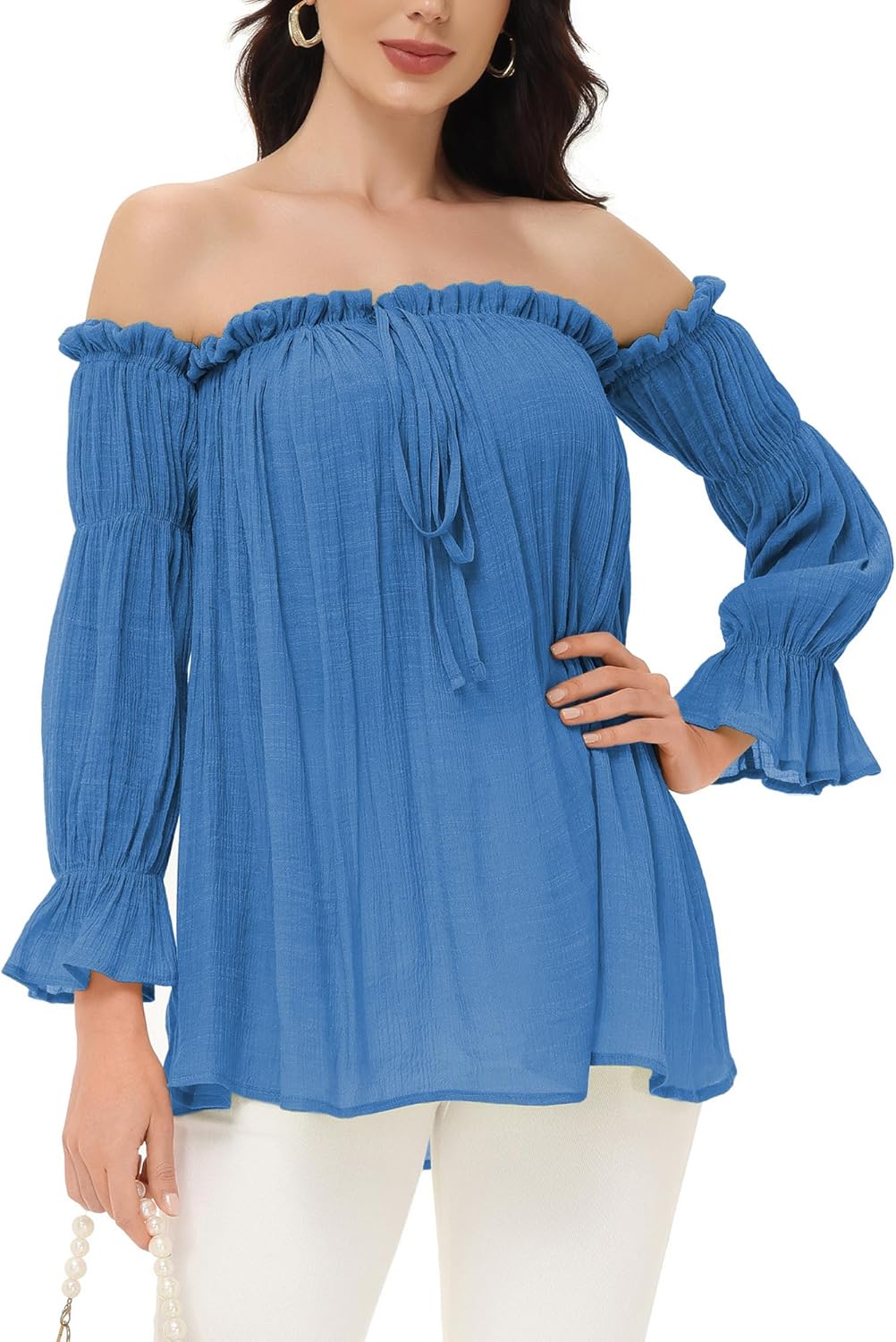 Anna-Kaci Womens Semi Sheer Boho Peasant Long Sleeve Off The Shoulder Top