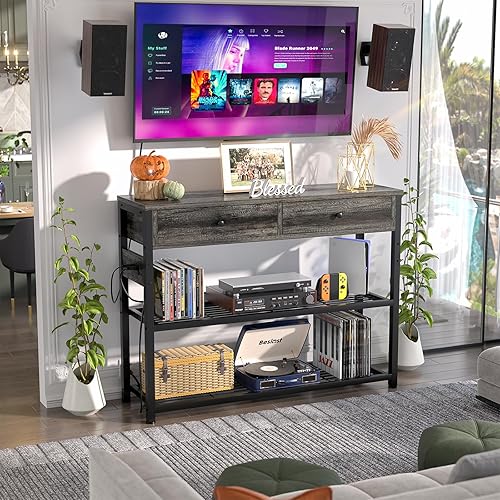 Miniatura 5 de Besiost Mesa de entrada pequeña con estantes de almacenamiento, mesas de consola con cajones para entrada, mesas de sofá con estación de carga para