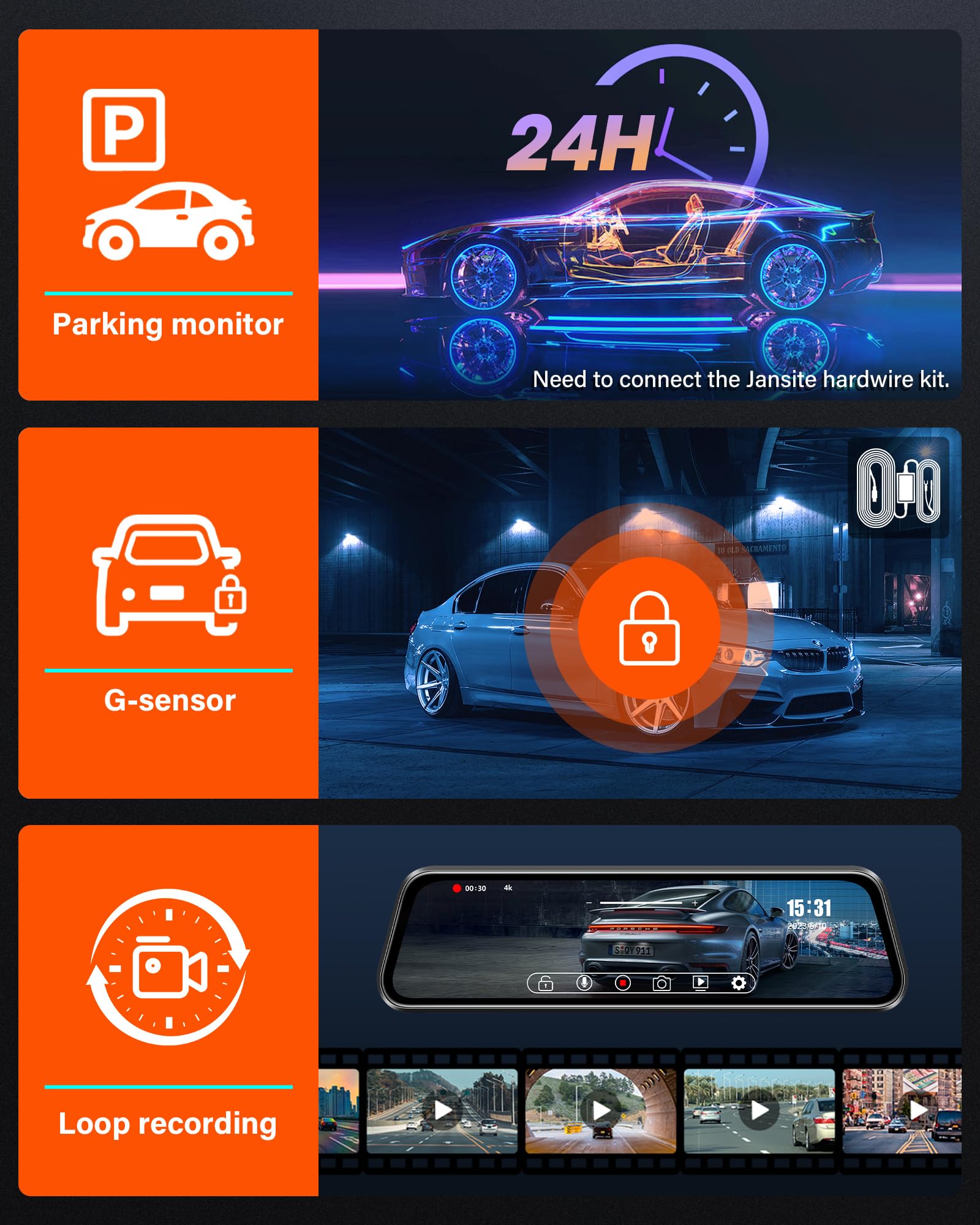 4K Spiegel Dashcam Rückspiegel Kamera Rückfahrkamera Spiegel Auto Kamera mit 10" IPS-Touchscreen Dashcam Auto Vorne Hinten 170° Weitwinkel WDR Loop-Aufnahme G-Sensor
