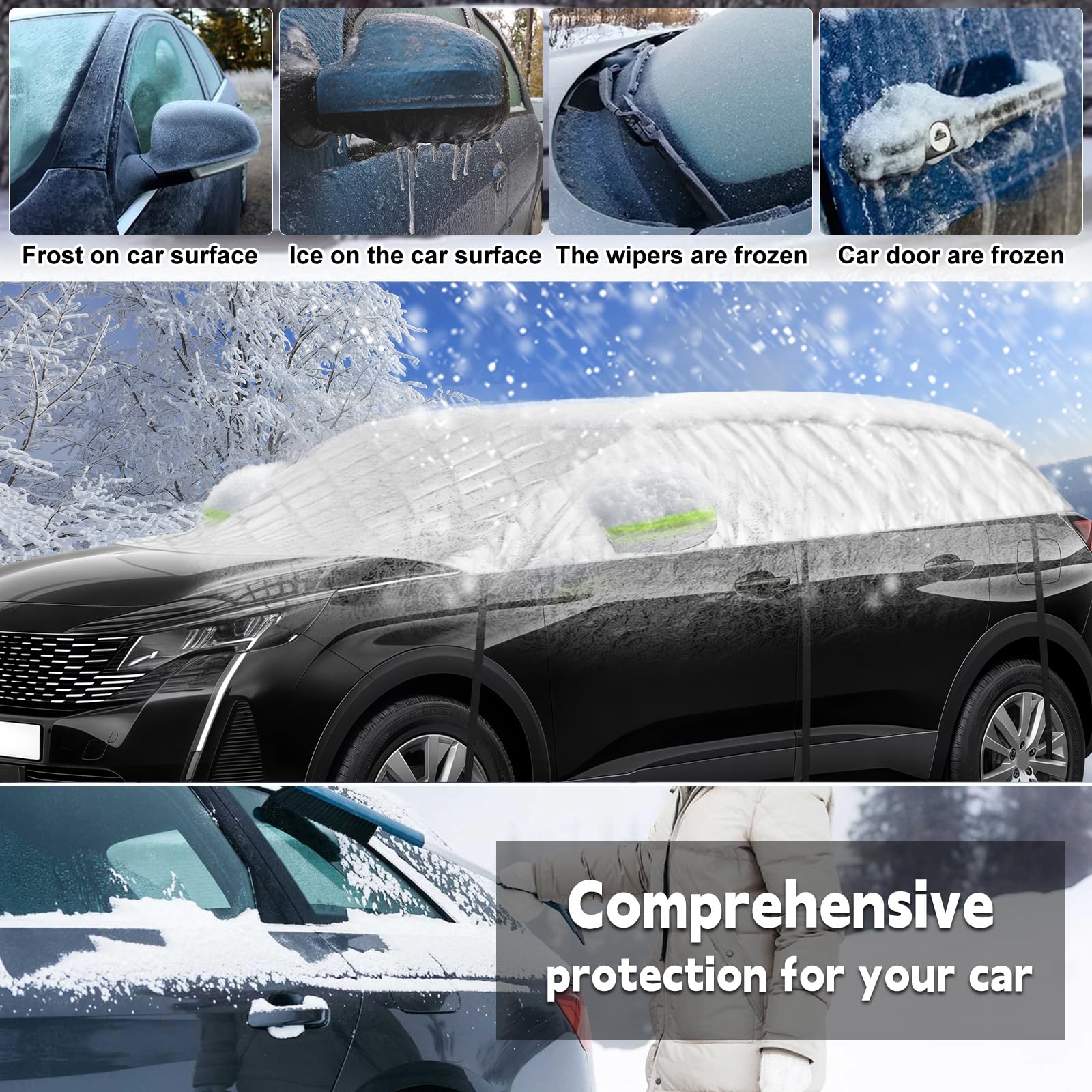 Funda de Coche Exterior Compatible con Peugeot 5008 T87 P87 2009-2025, 6 Capas Media Funda Coche con Ganchos, Tira Reflectante y Tapones para Orejas para Protección contra Hielo y Nieve