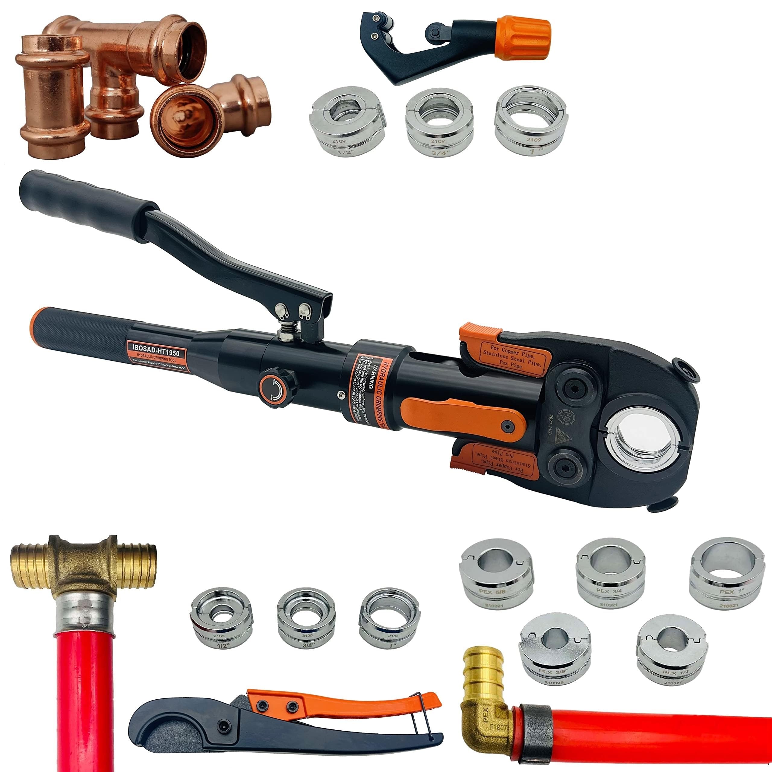 IBOSAD Hydraulic Copper Pipe Tube Fittings Crimping Tools with1/2,3/4,1" Dies for Copper Pipe and F877 Stainless PEX Press Sleeves,3/8",1/2",5/8",3/4",1" Dies for ASTM F1807 Pex Pipe Copper Ring