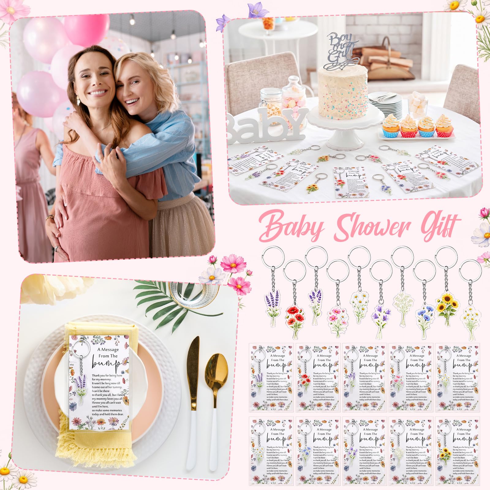 Landical 25 juegos de recuerdos de fiesta de baby shower para invitados, 25 llaveros acrílicos, 25 tarjetas de agradecimiento para fiesta de revelación de género del bebé (colorido, flor silvestre)